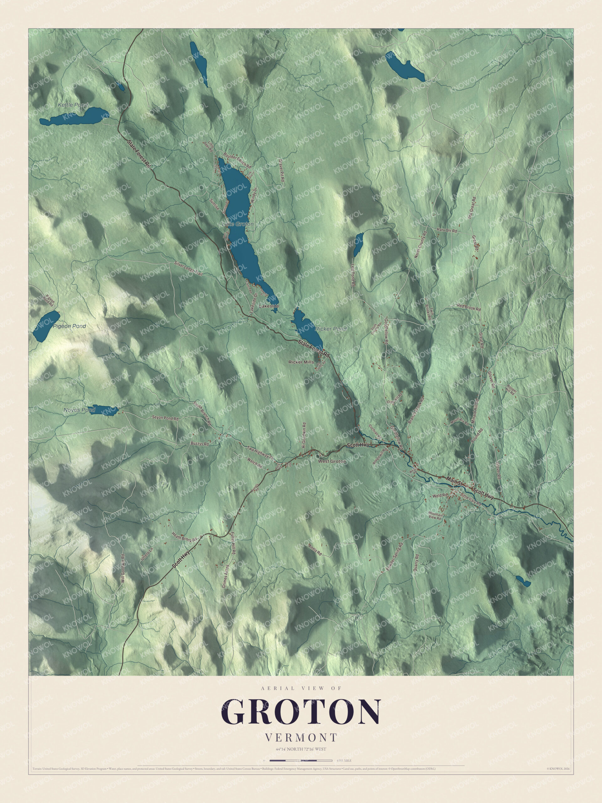Map of Groton, Vermont, with Scott Highway, Lake Groton and Ricker Pond in the state forest