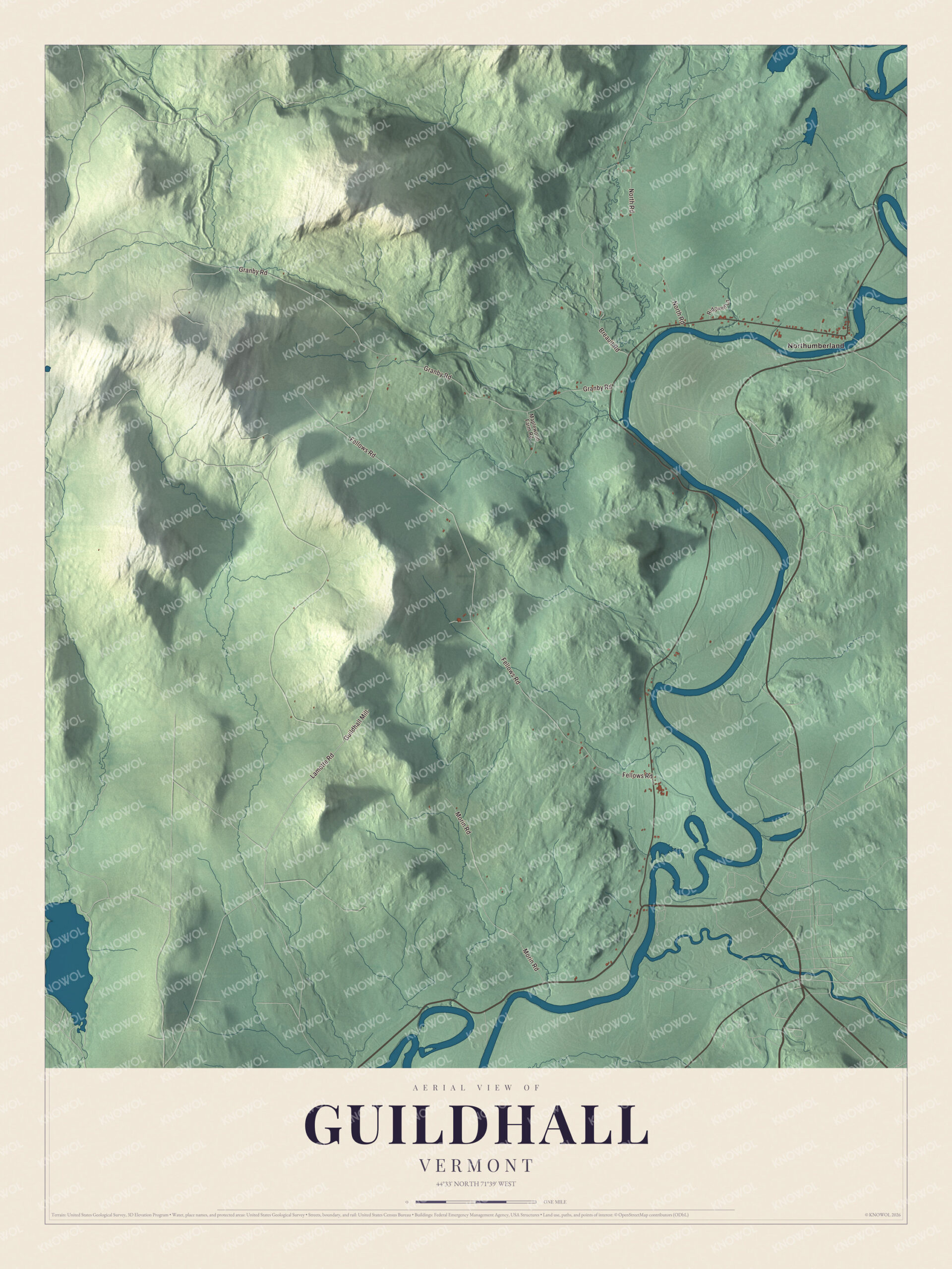 Map of Guildhall, Vermont, with Granby Road, North Road and the Connecticut River valley
