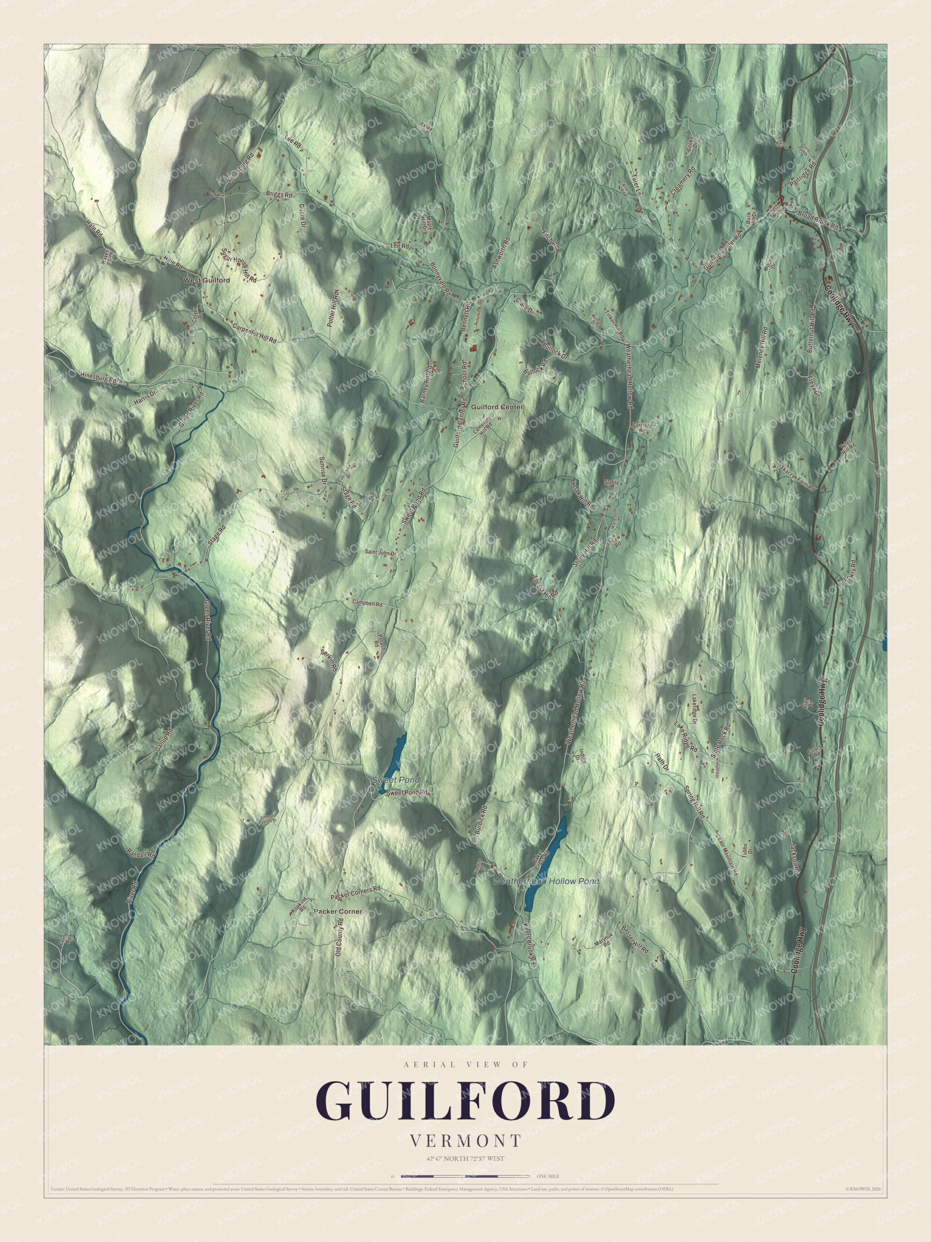 Map of Guilford, Vermont, with Coolidge Highway, Guilford Center and Weatherhead Hollow Pond