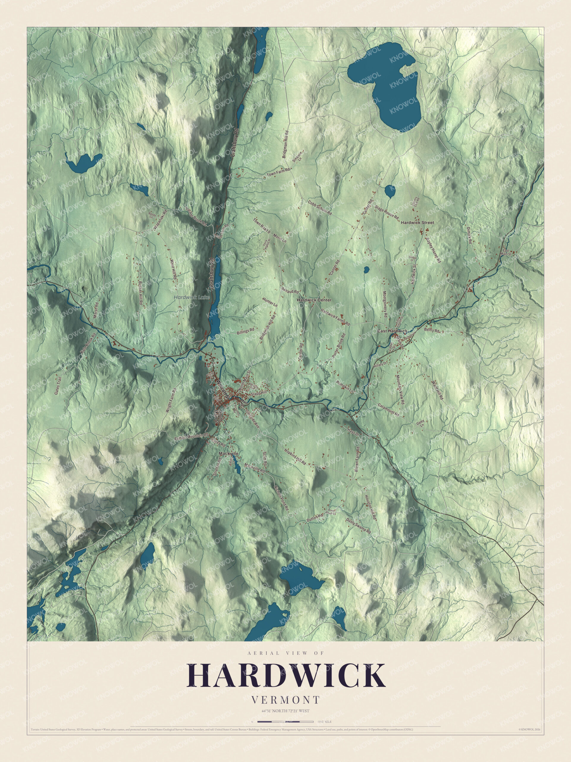 Map of Hardwick, Vermont, with Main Street, Wolcott Street and the Lamoille River valley