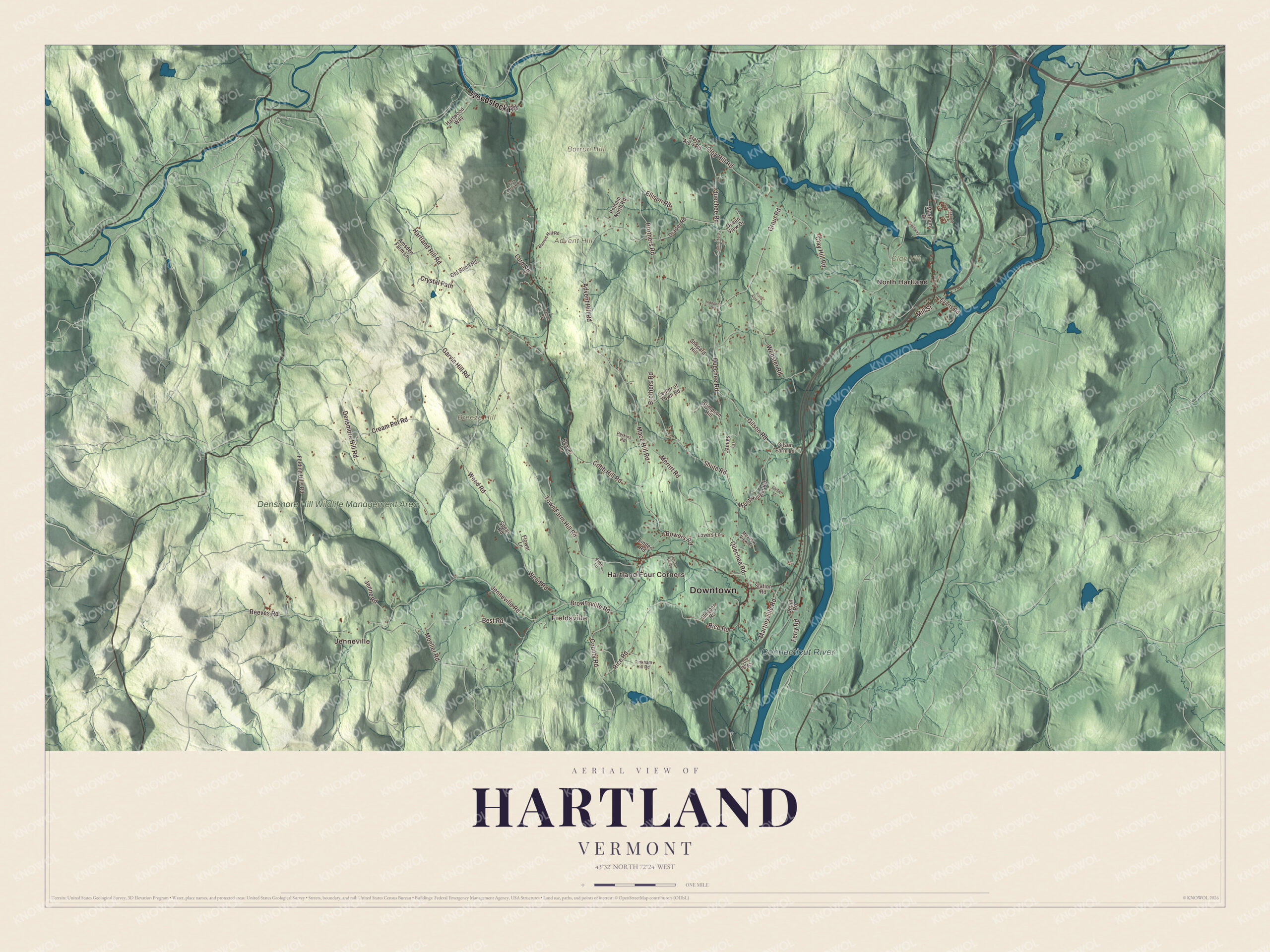 Map of Hartland, Vermont, with Quechee Road, Advent Hill and the Connecticut River