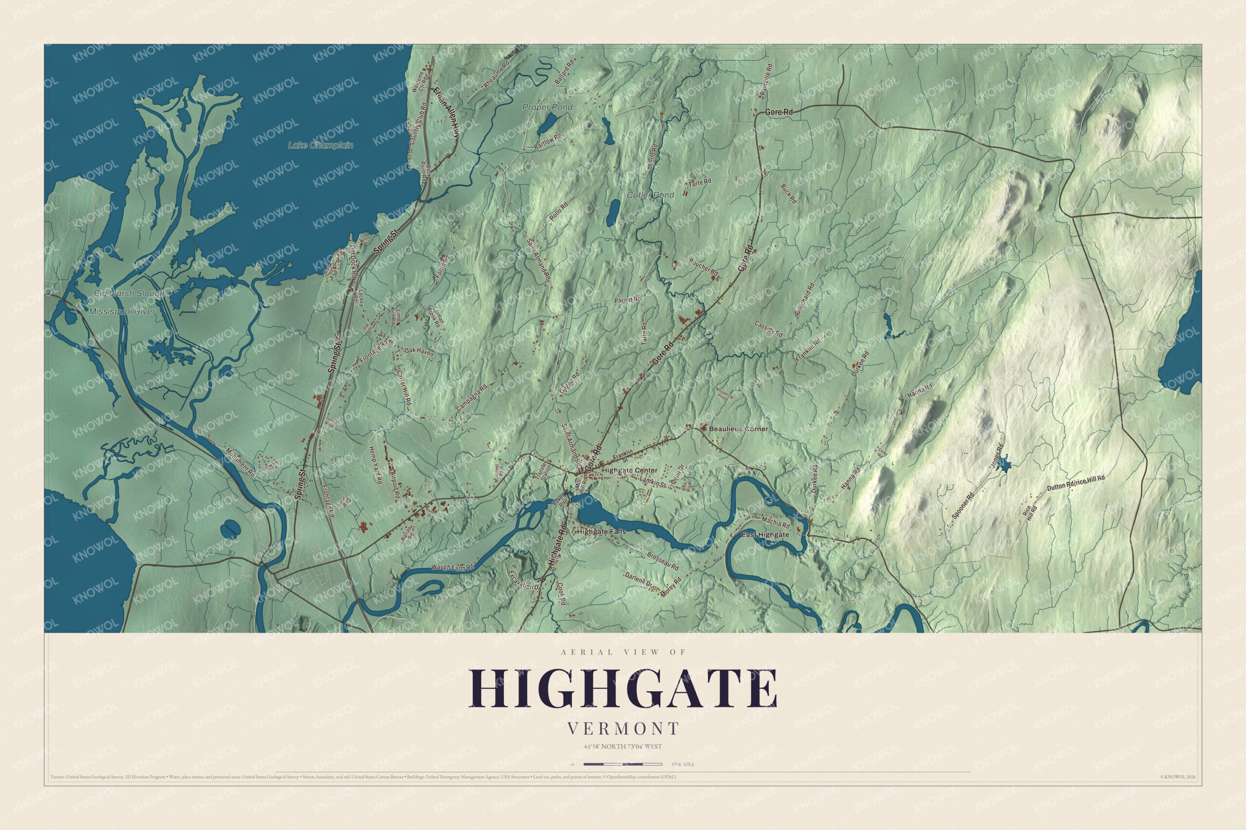 Map of Highgate, Vermont, with Highgate Falls, the Missisquoi River and Big Marsh Slough
