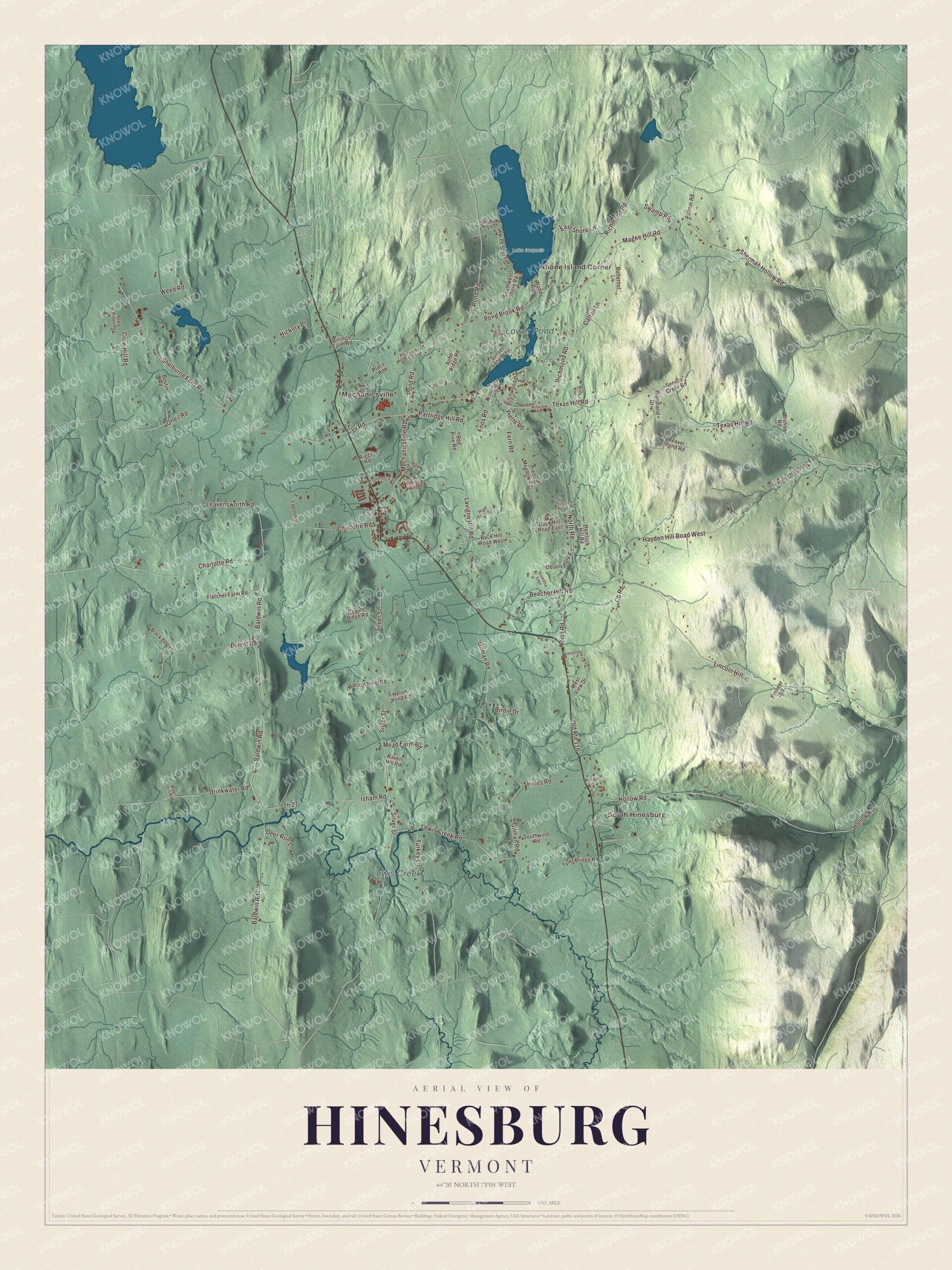 Map of Hinesburg, Vermont, with Mechanicsville Road, Lake Iroquois and the LaPlatte River valley