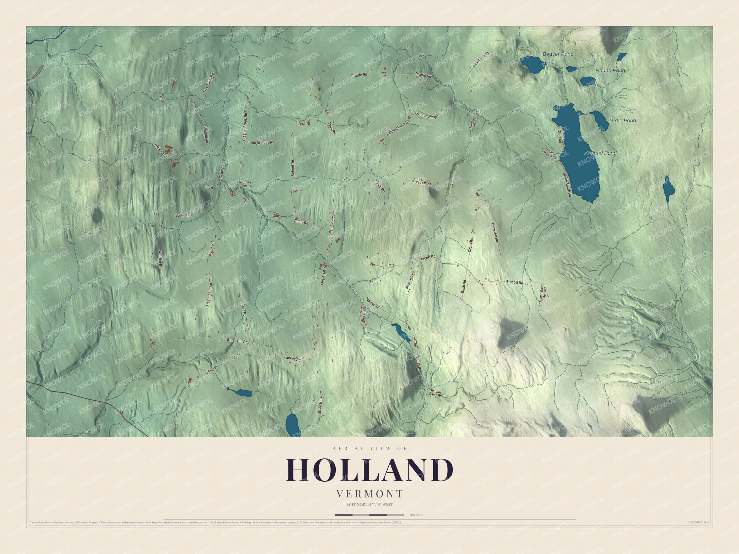 Map of Holland, Vermont, with Gore Road, Tice and Holland Pond near the Canadian border