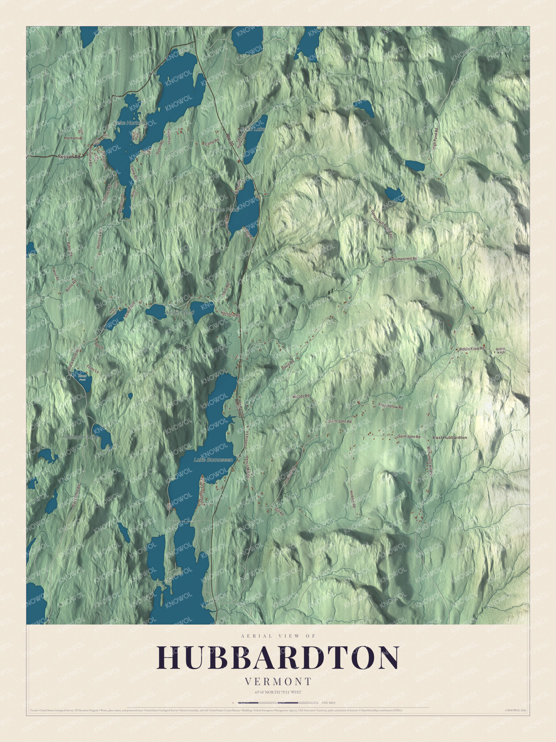 Map of Hubbardton, Vermont, with Lake Hortonia, Beebe Pond and Echo Lake