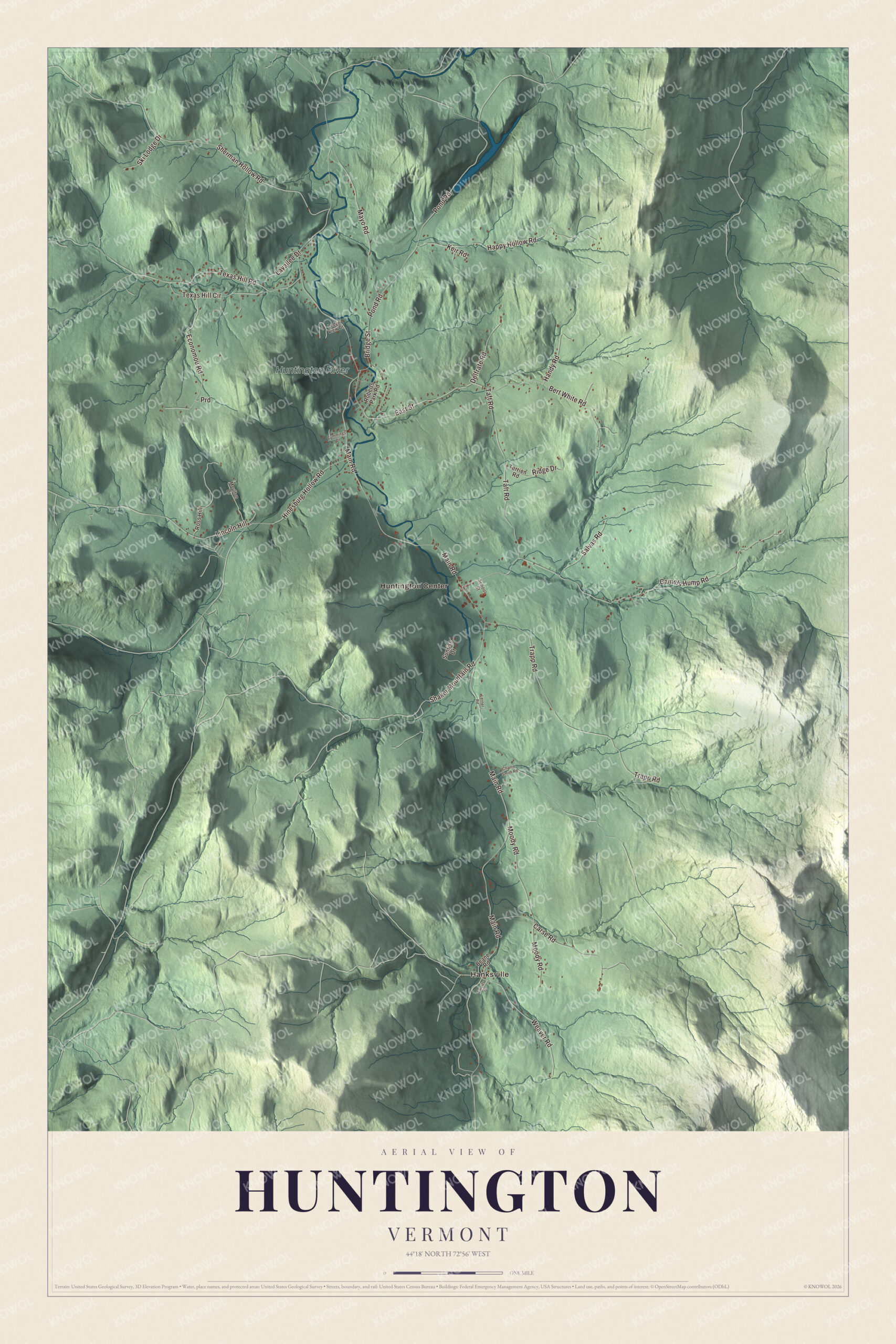 Map of Huntington, Vermont, with Main Road, Hanksville and the Huntington River valley