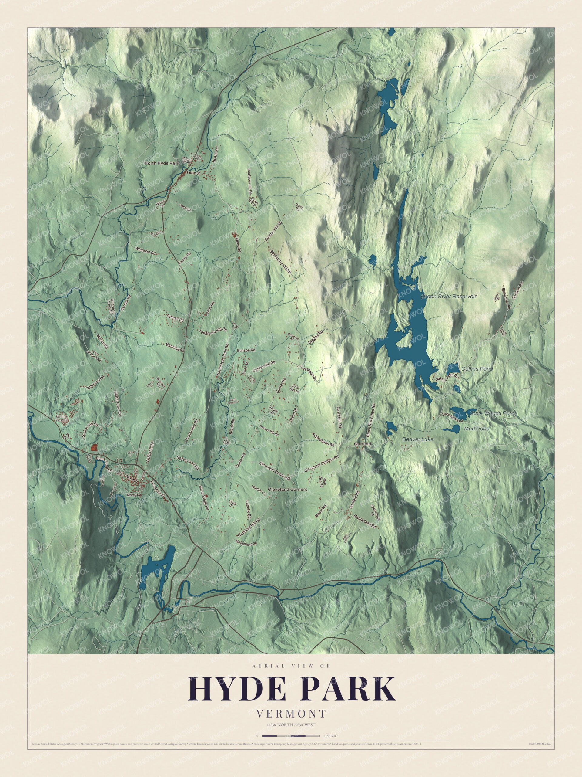 Map of Hyde Park, Vermont, with Main Street, North Hyde Park and the Green River Reservoir