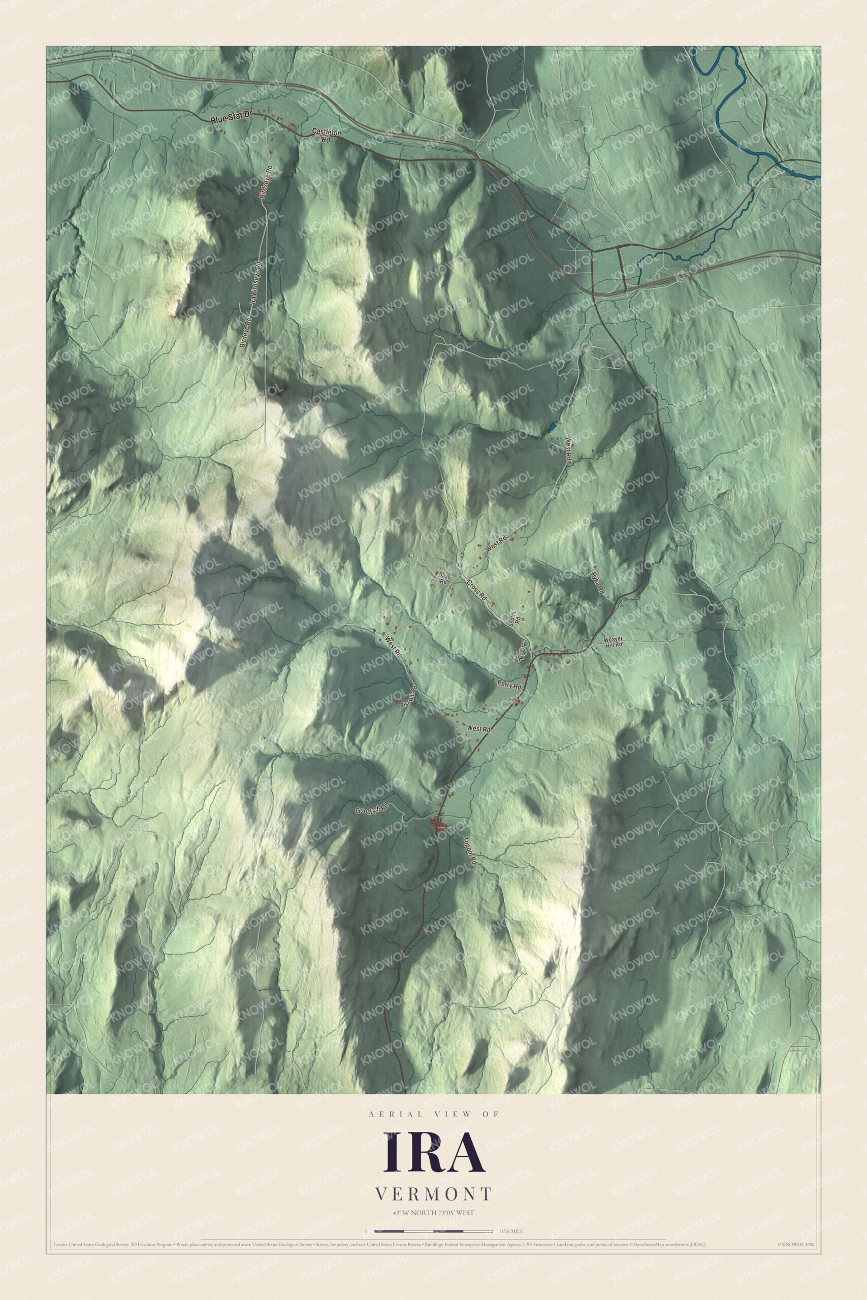 Map of the roads of Ira, Vermont