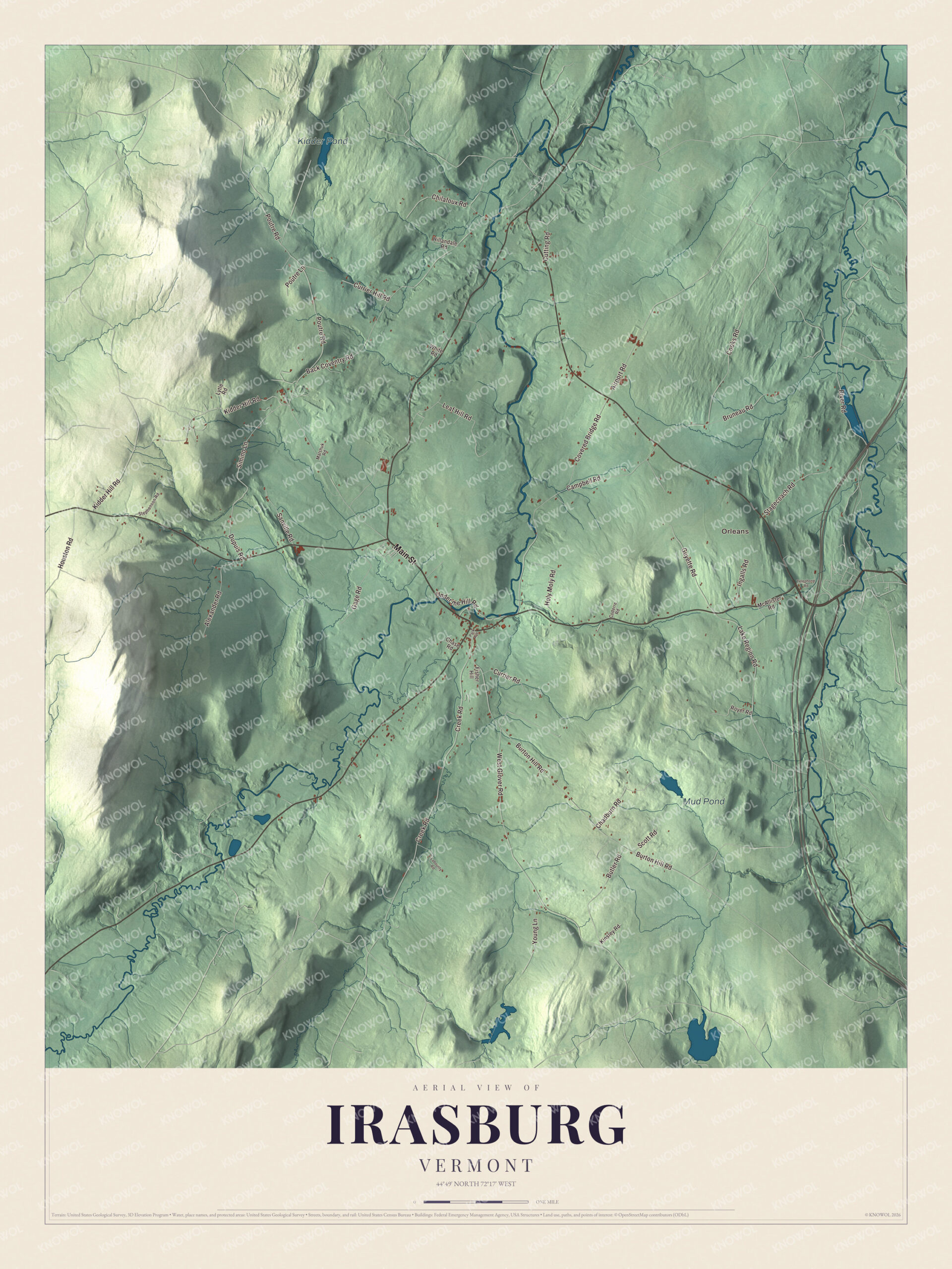 Map of Irasburg, Vermont, with Main Street, Back Coventry Road and Kidder Pond