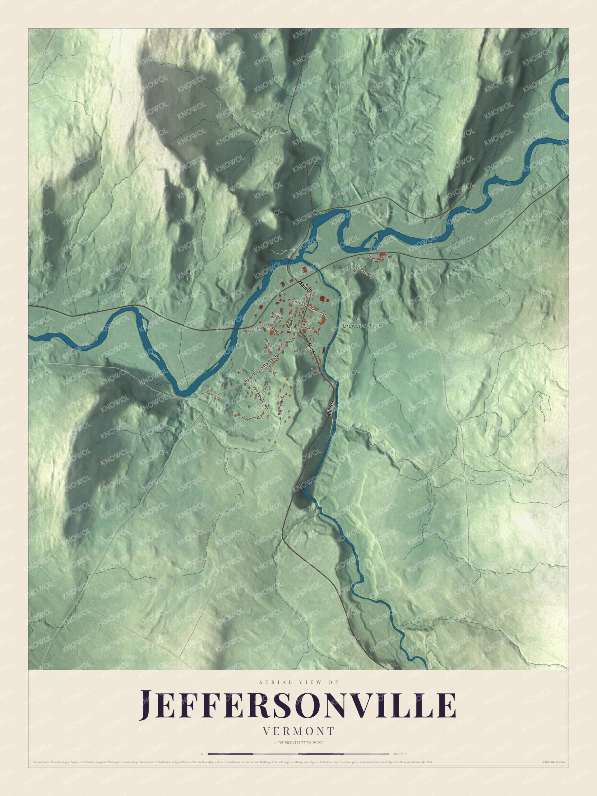 Map of Jeffersonville, Vermont, with Main Street and the Brewster River