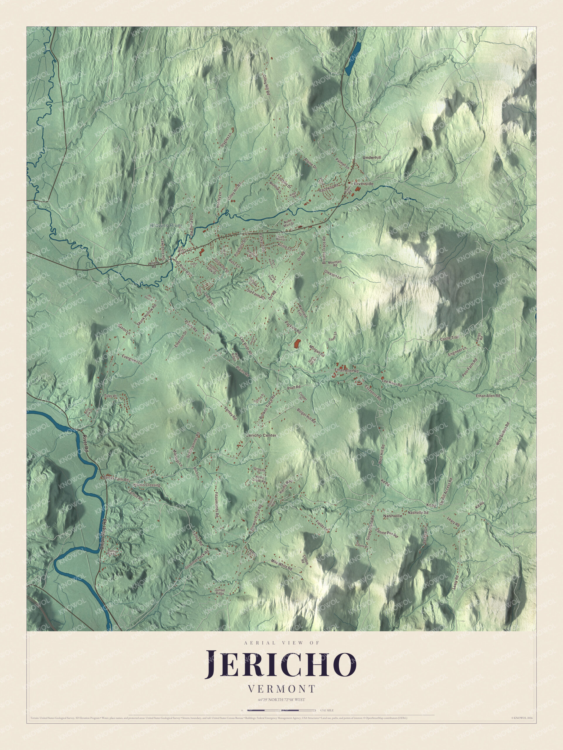 Map of Jericho, Vermont, with Jericho Center, Riverside and the Browns River
