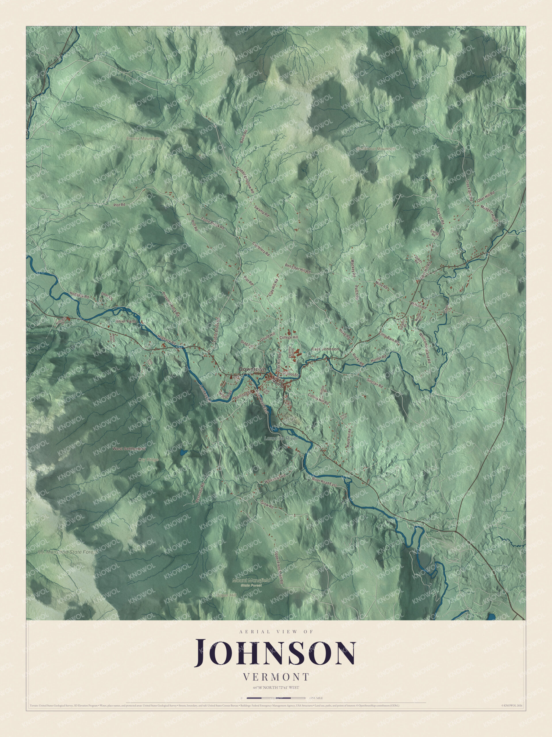 Map of Johnson, Vermont, with the Lamoille River, East Johnson and Mt. Mansfield State Forest