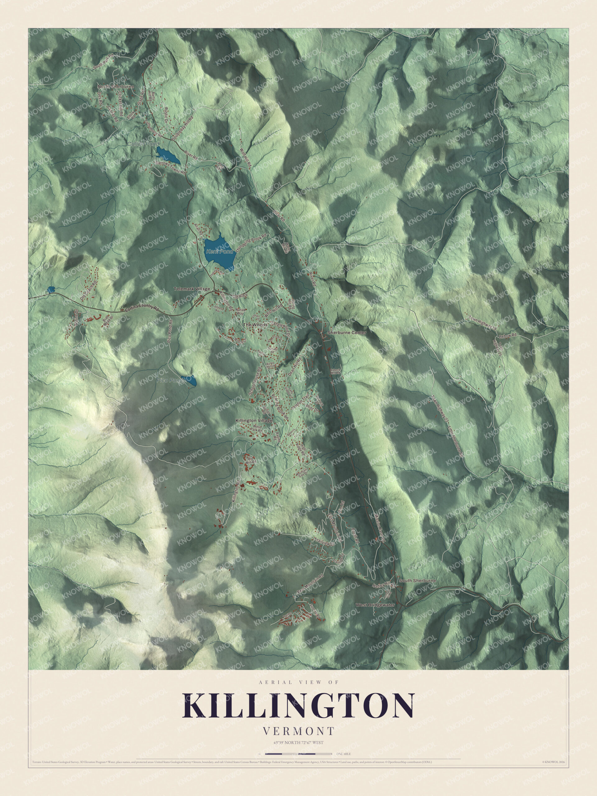 Map of Killington, Vermont, with Killington Road, Kent Pond and Pico Pond