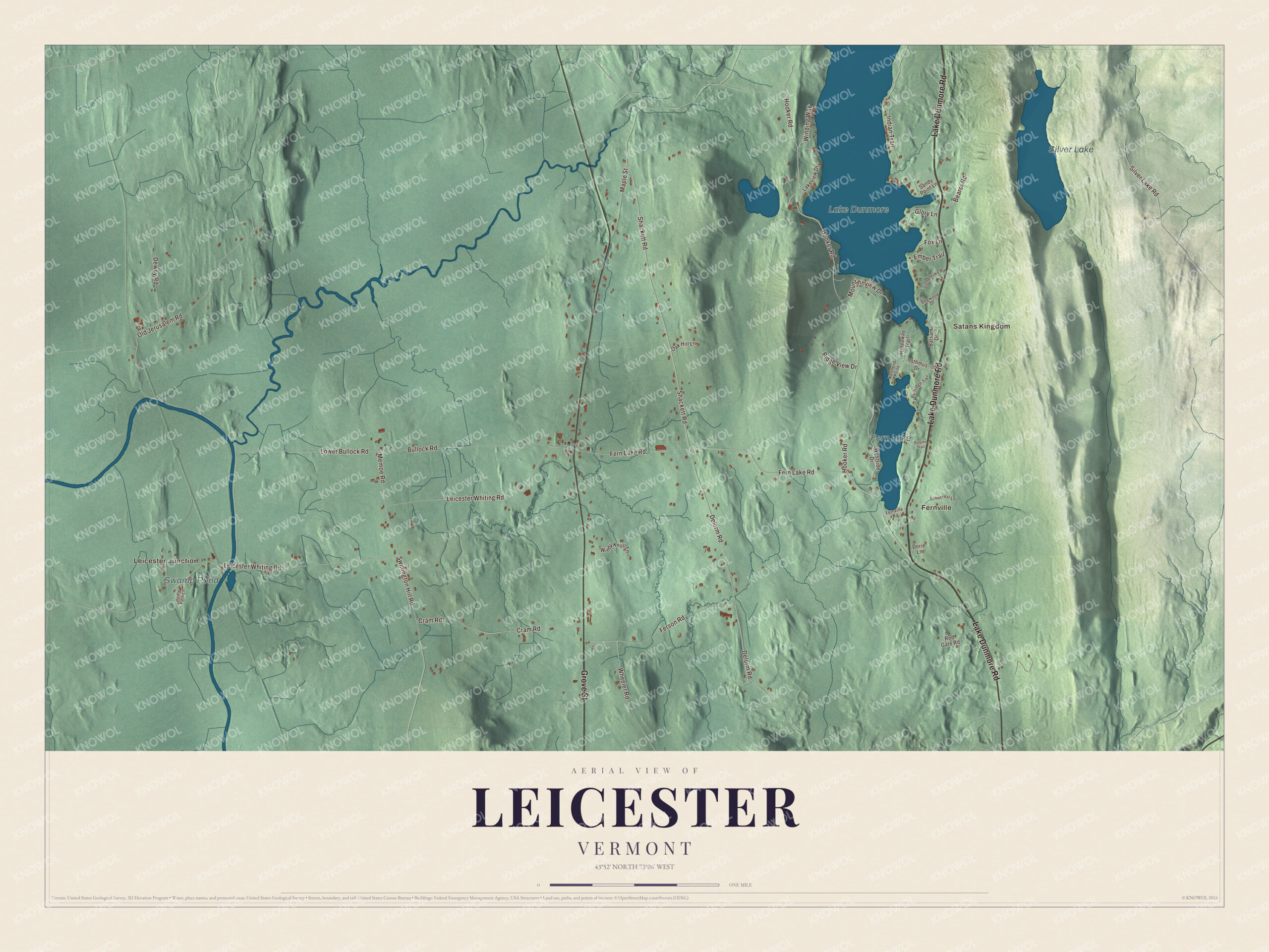 Map of Leicester, Vermont, with Lake Dunmore and Fern Lake