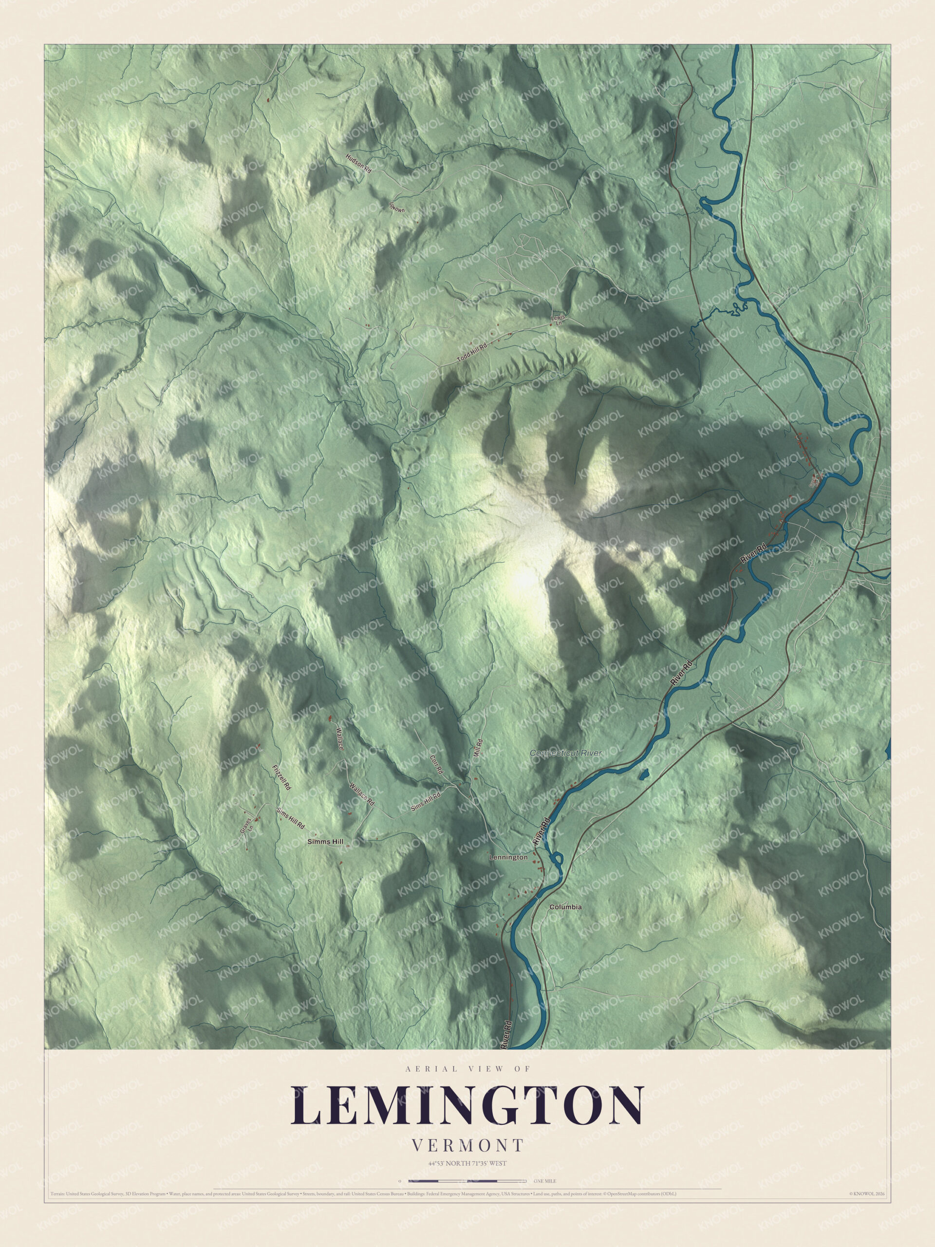 Map of Lemington, Vermont, along the Connecticut River across from Columbia, New Hampshire