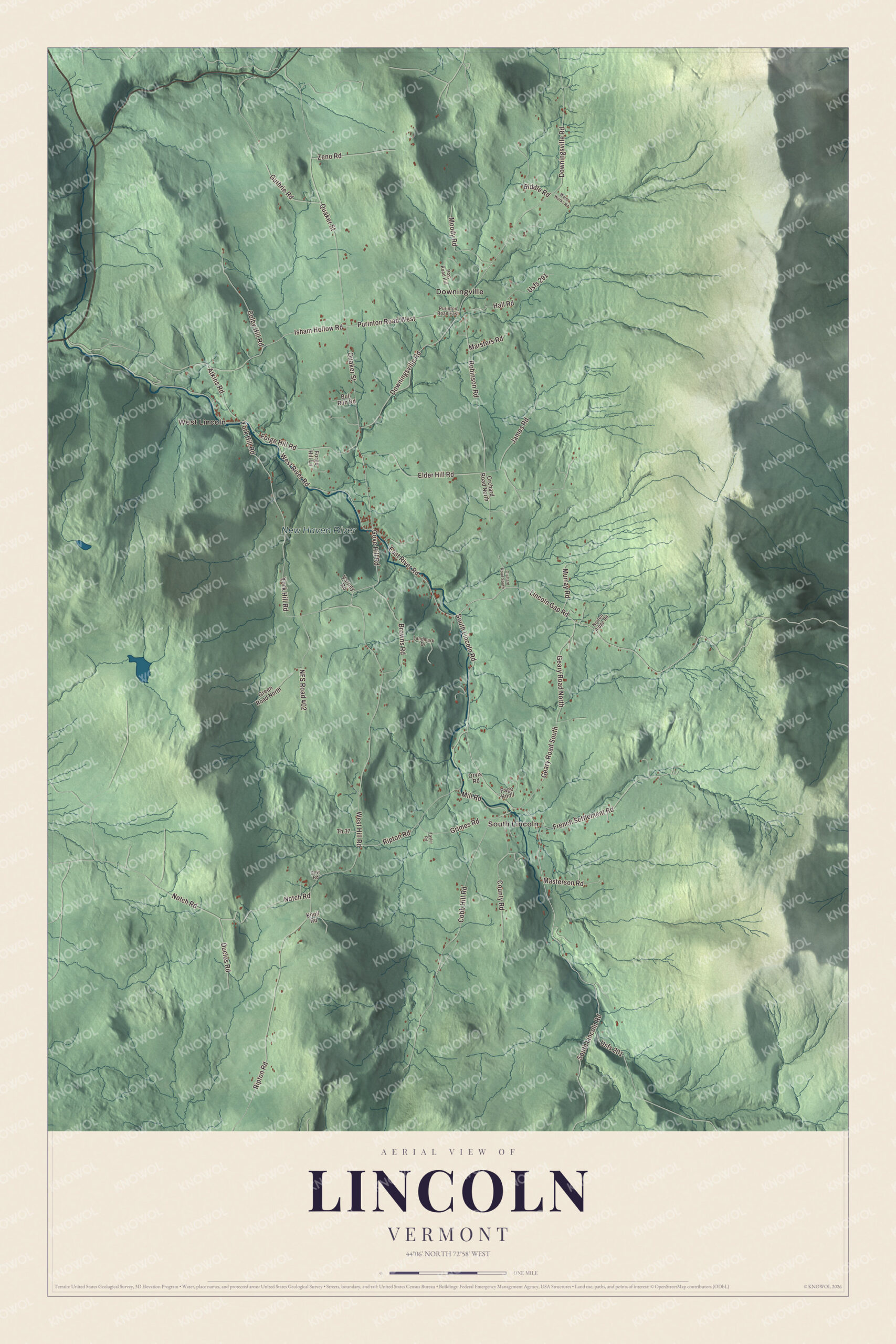 Map of Lincoln, Vermont, from the gap down the New Haven River to the western town line