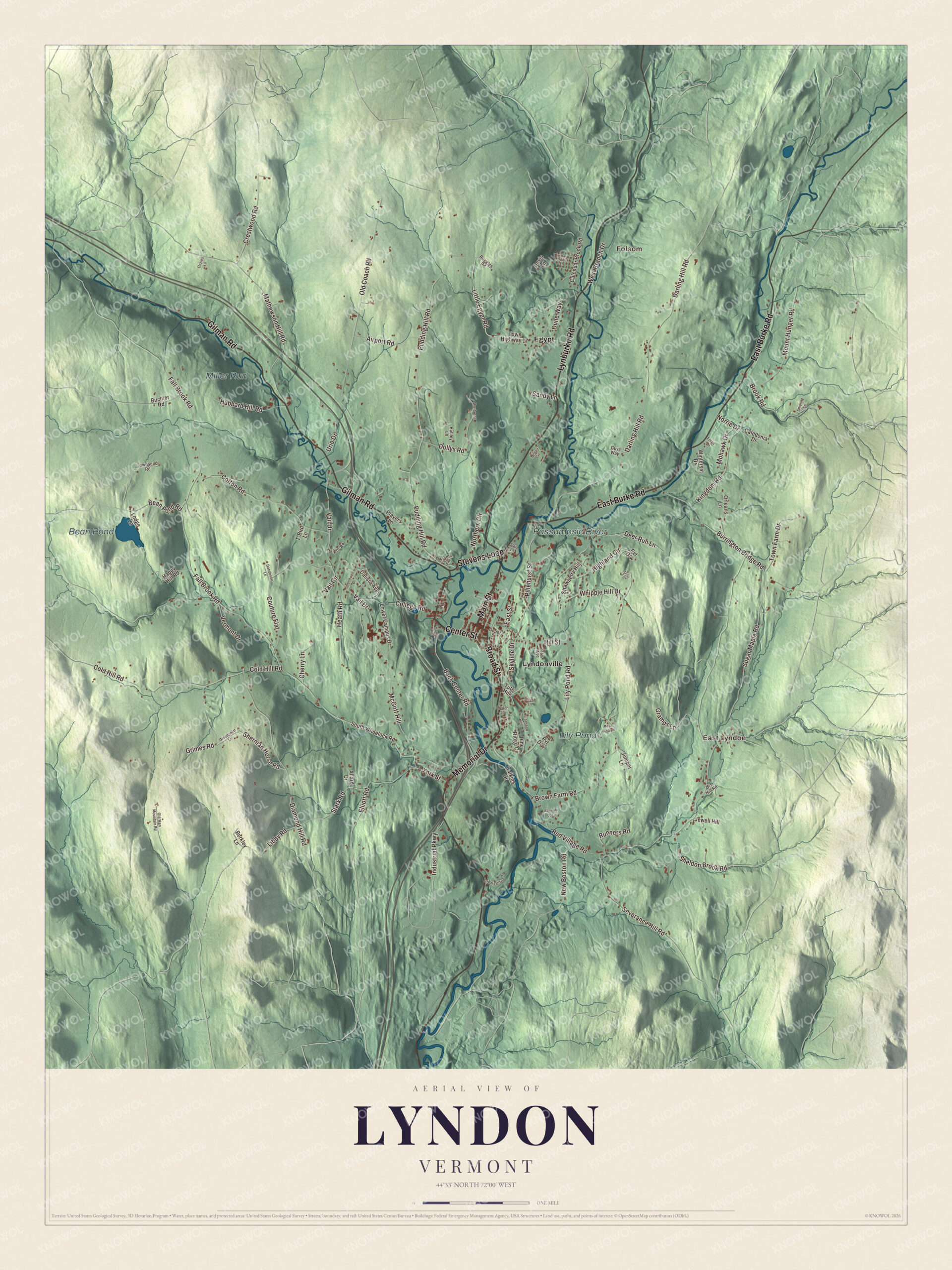 Map of Lyndon, Vermont, with Lyndonville on the Passumpsic River
