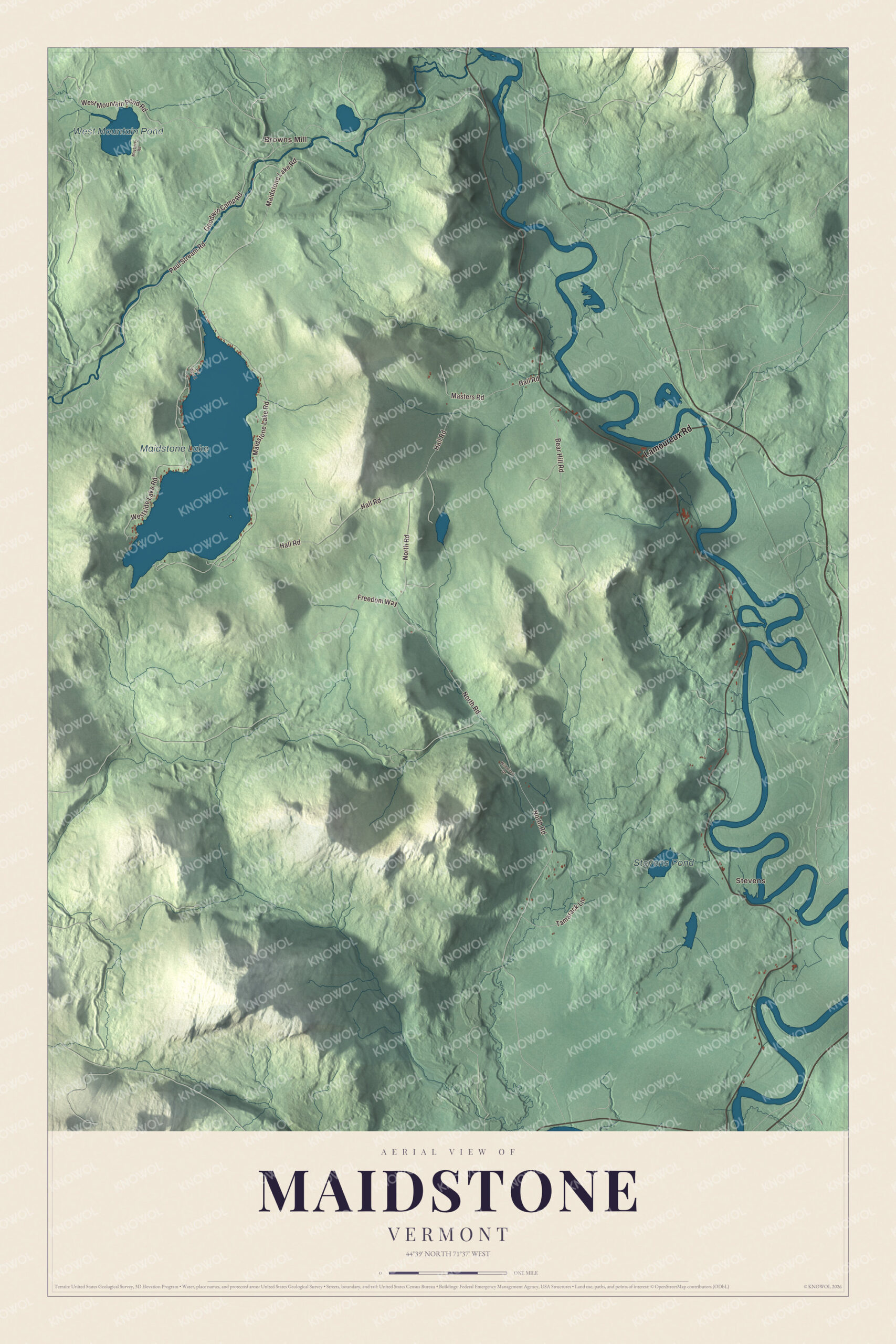 Map of Maidstone, Vermont, with Maidstone Lake and the Connecticut River