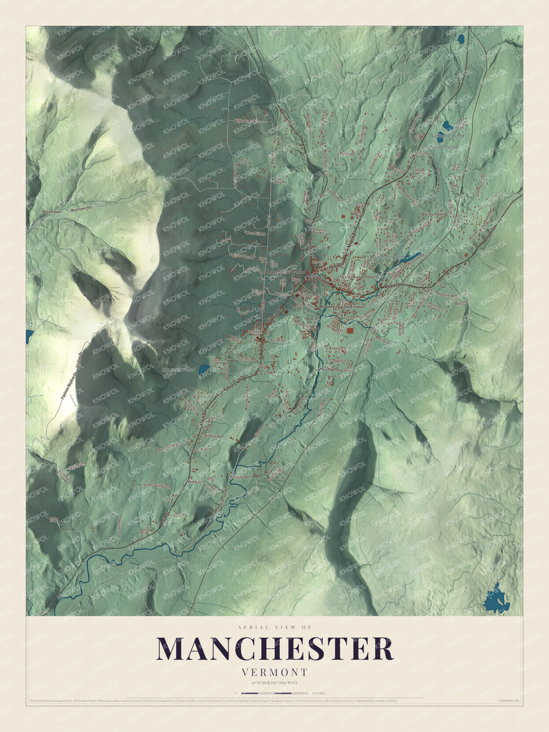 Map of Manchester, Vermont, in the valley below Equinox Mountain