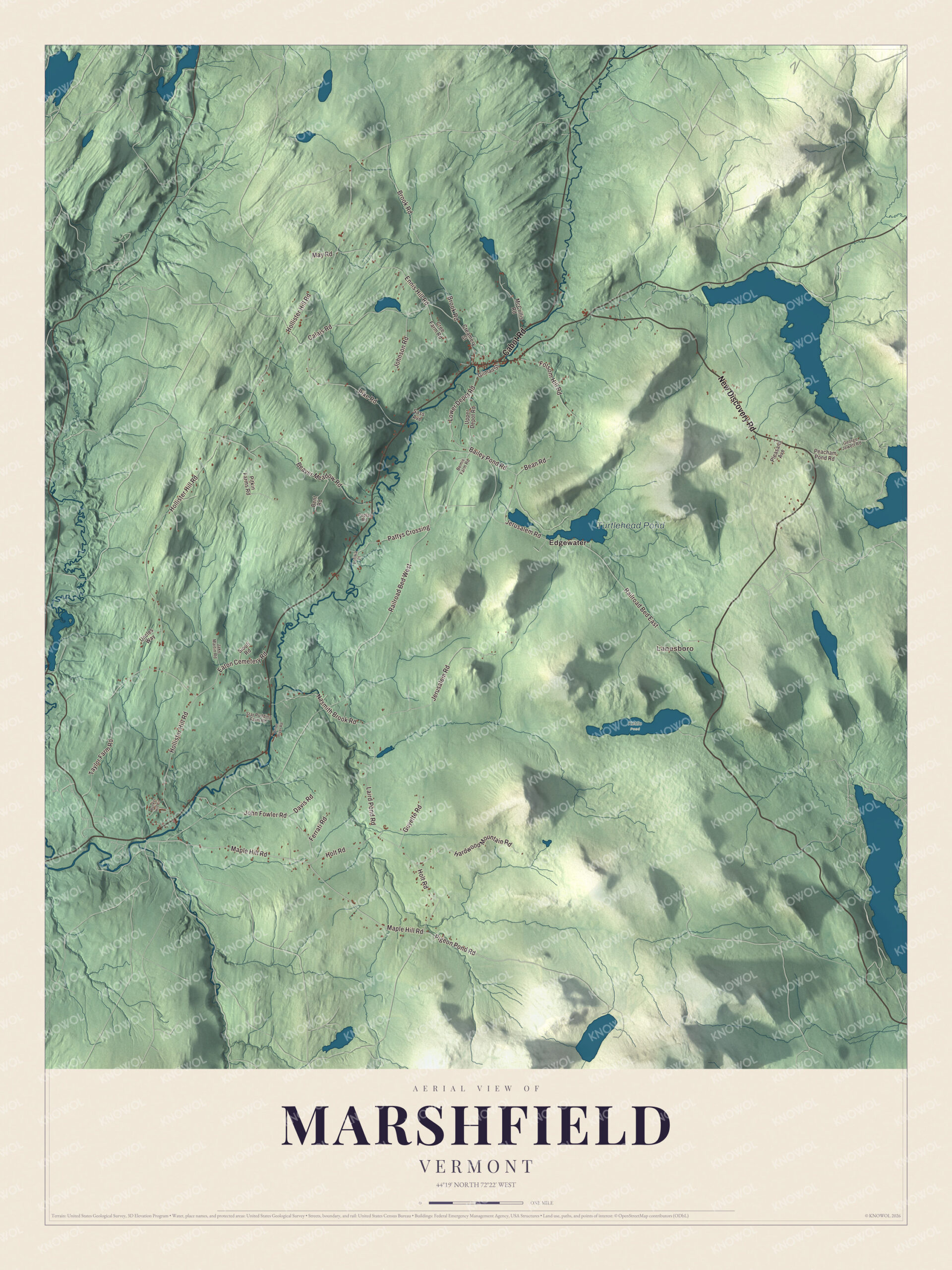 Map of Marshfield, Vermont, from the Winooski valley to Turtlehead Pond