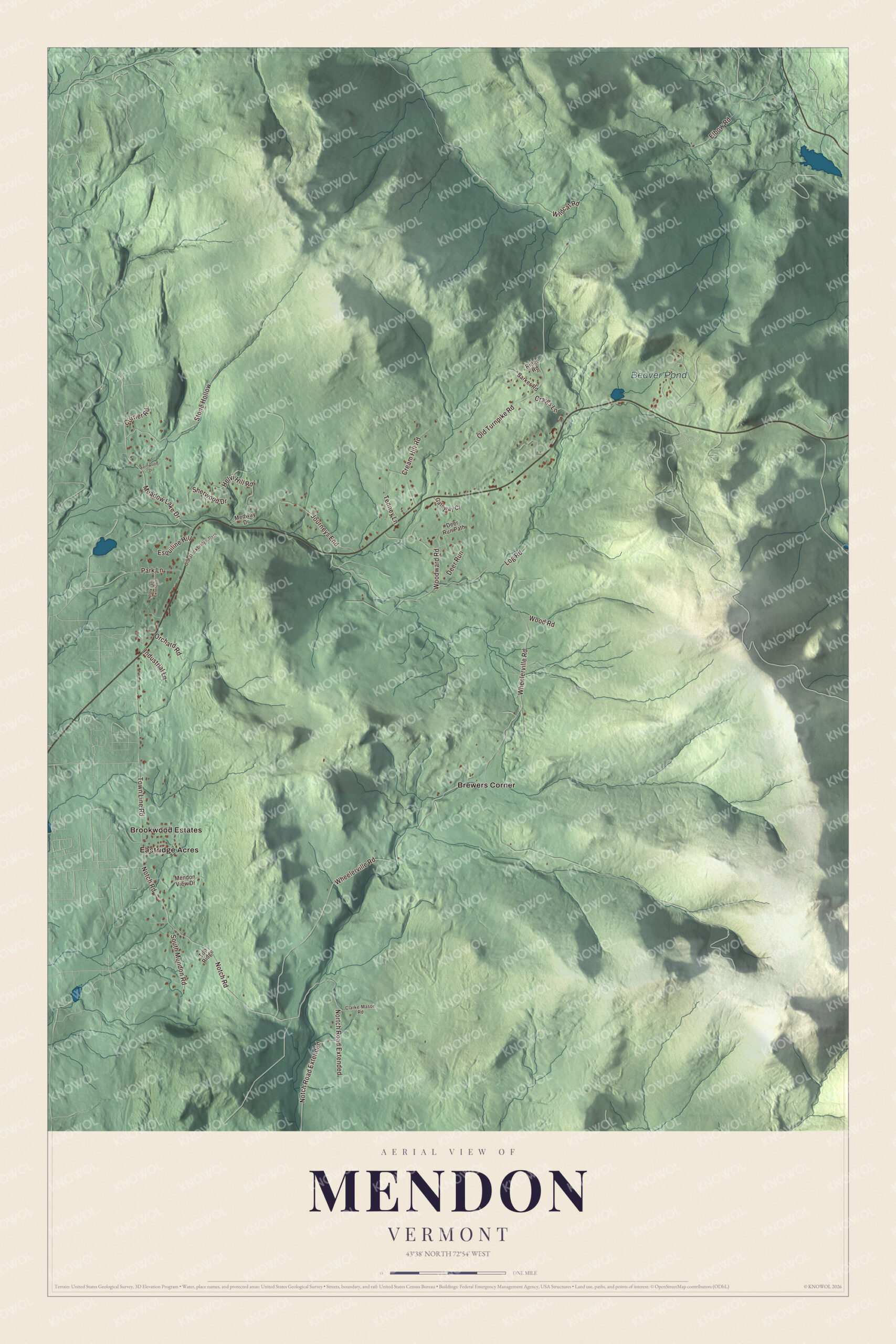 Map of Mendon, Vermont, in the Green Mountains east of Rutland