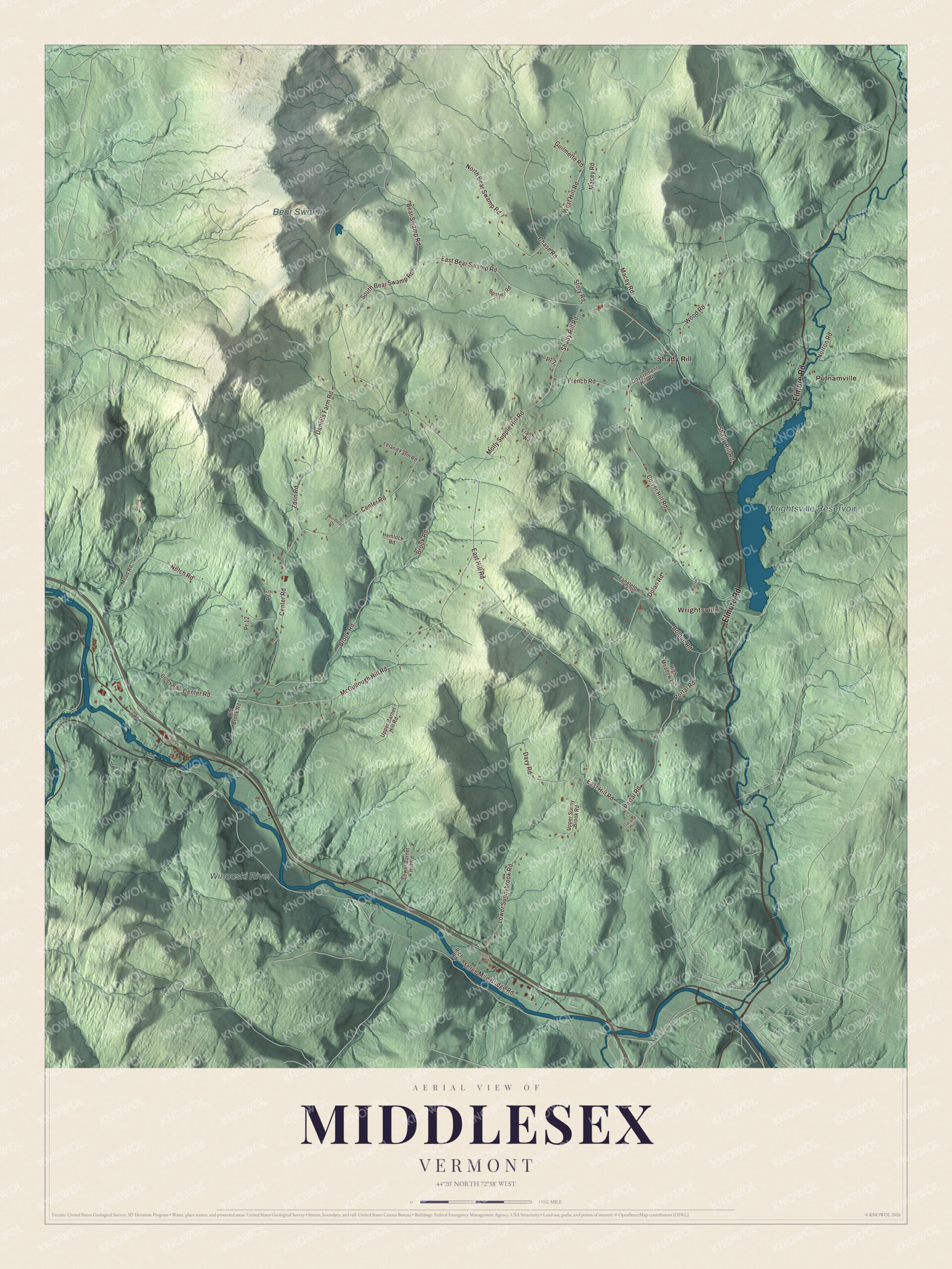 Map of Middlesex, Vermont, from the Winooski River to Wrightsville Reservoir