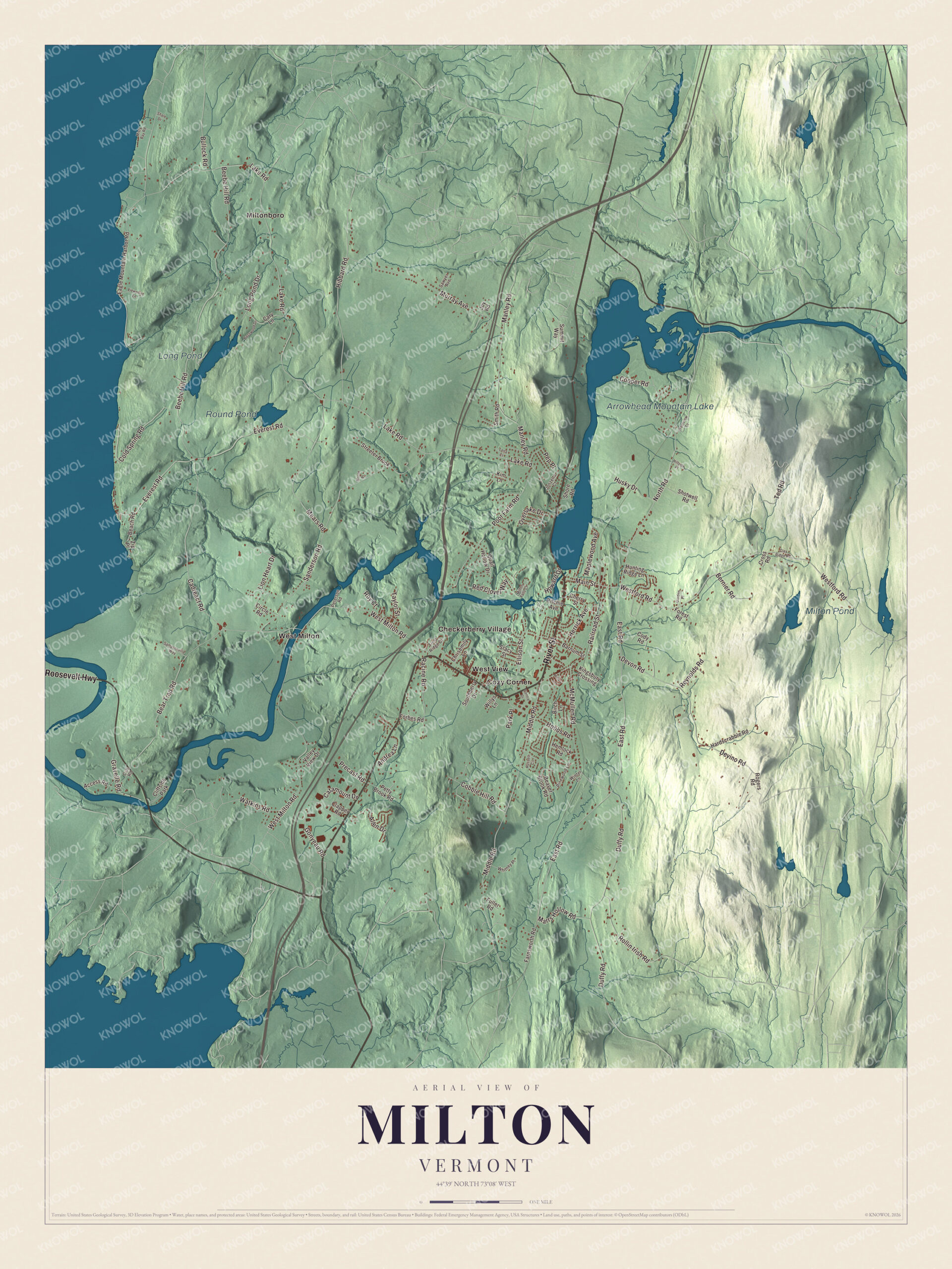 Map of Milton, Vermont, from the Lamoille River delta to Miltonboro and Cozy Corner