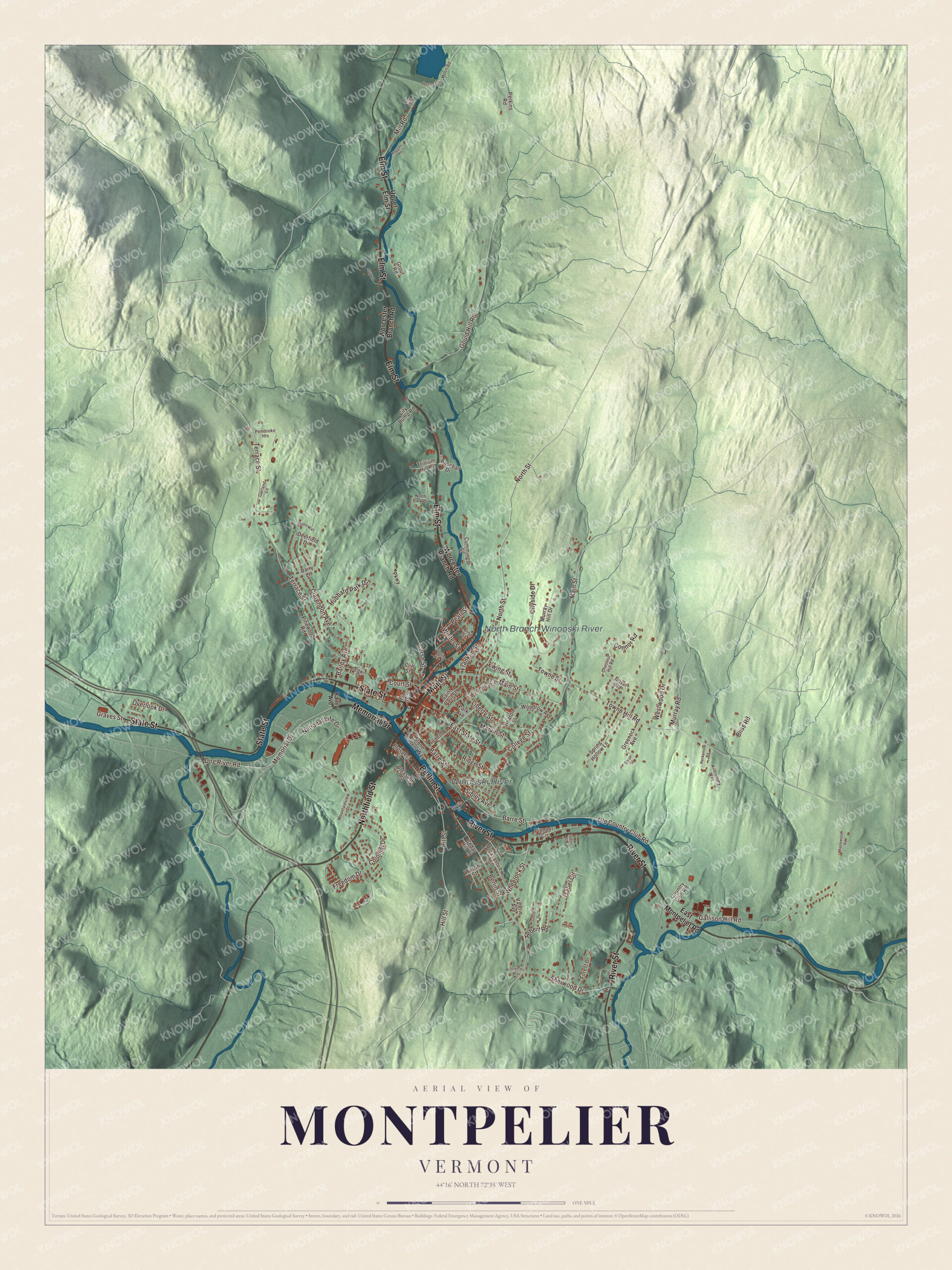 Map of Montpelier, Vermont, from the State House on State Street to the North Branch and the Winooski River