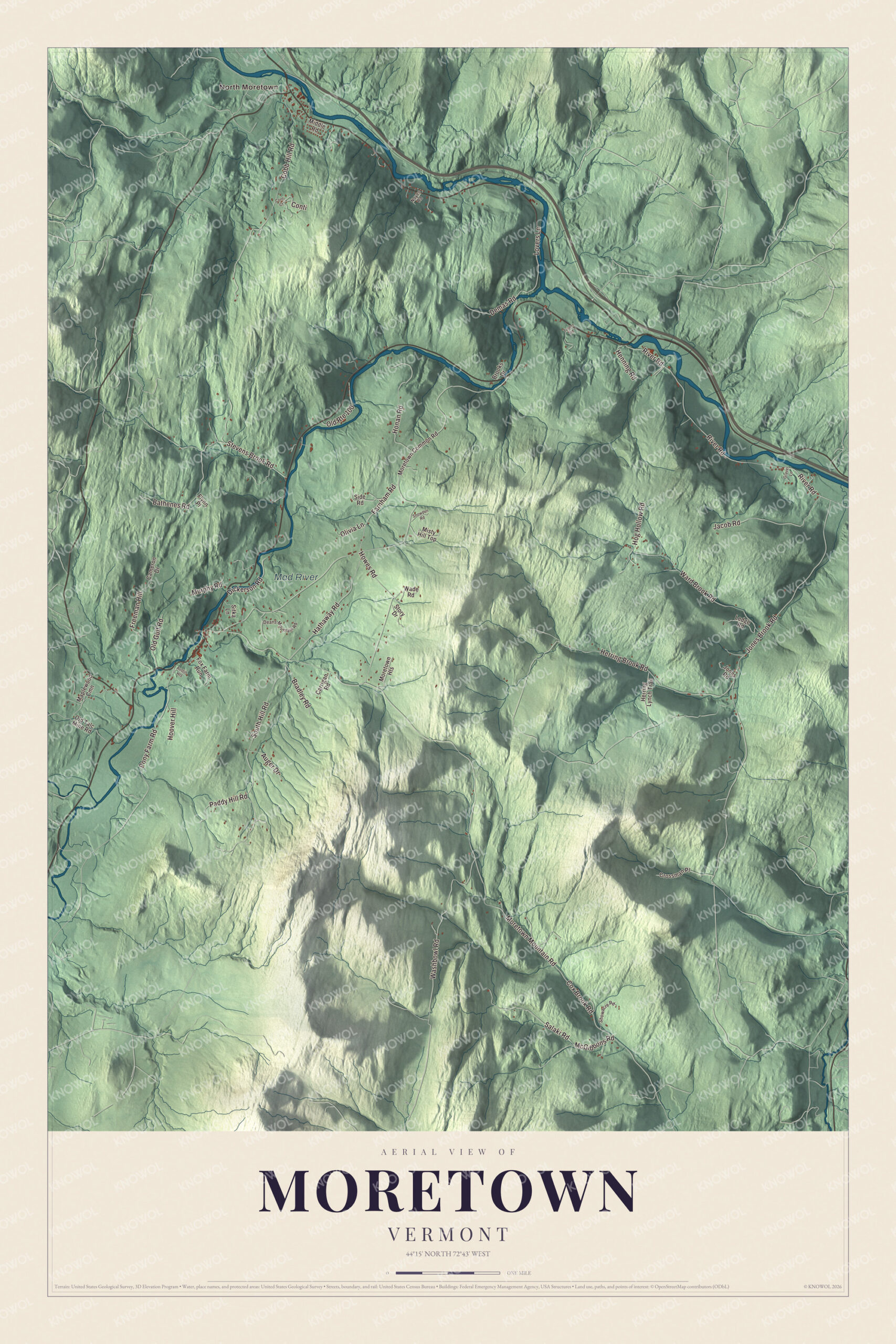 Map of Moretown, Vermont, along the Mad River from North Moretown to South Hill Road