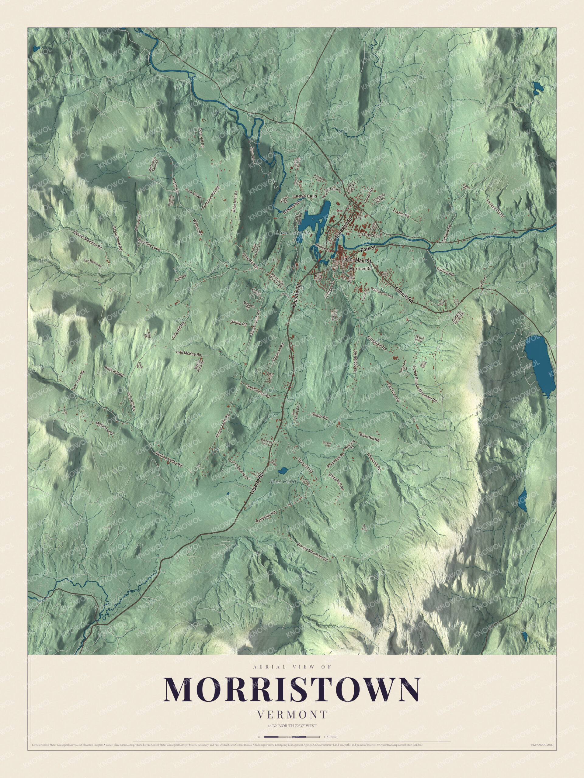 Map of Morristown, Vermont, from the Lamoille River and Morrisville south to Cadys Falls