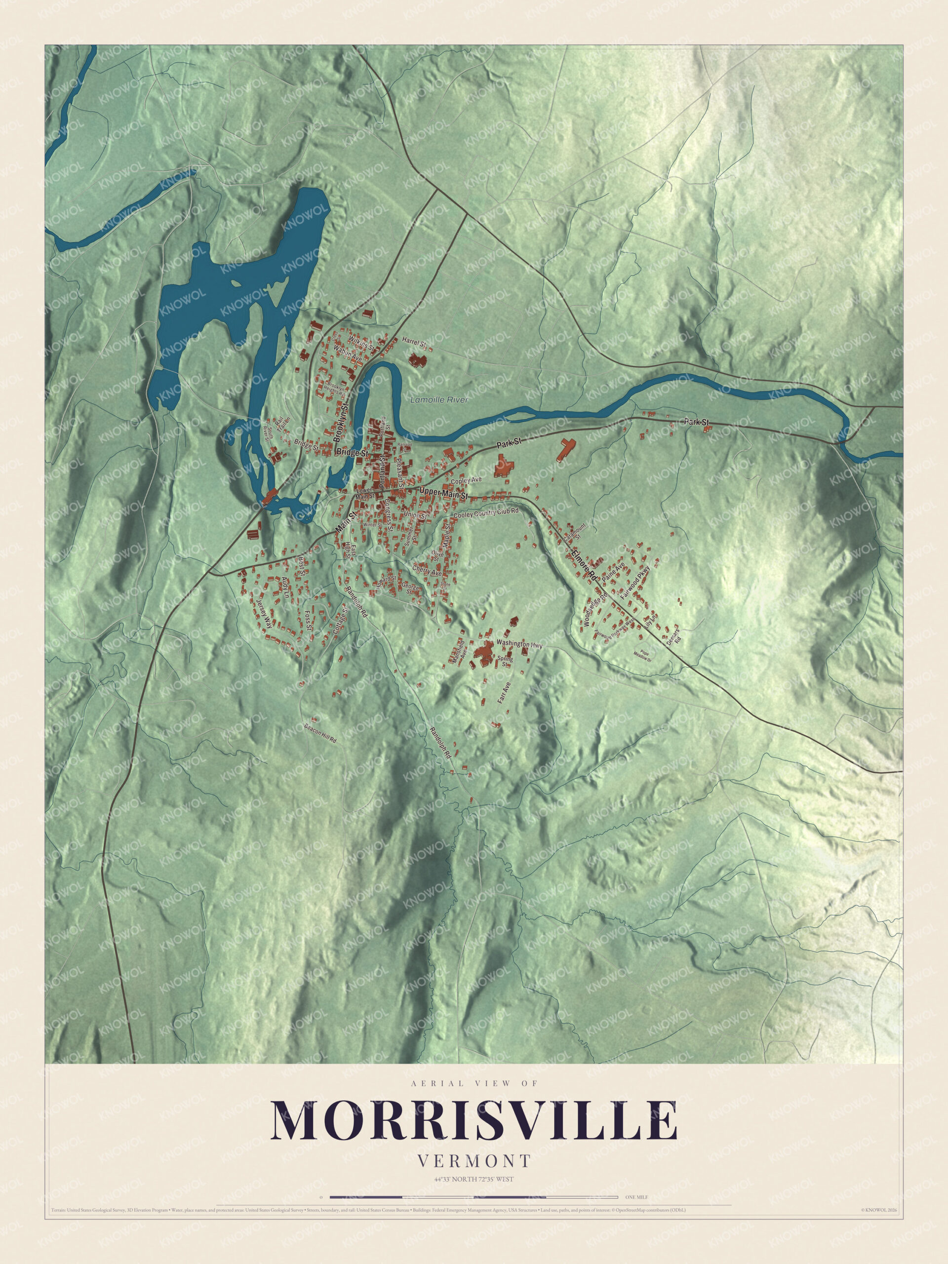 Map of Morrisville, Vermont, with the Lamoille River, Main Street and Bridge Street