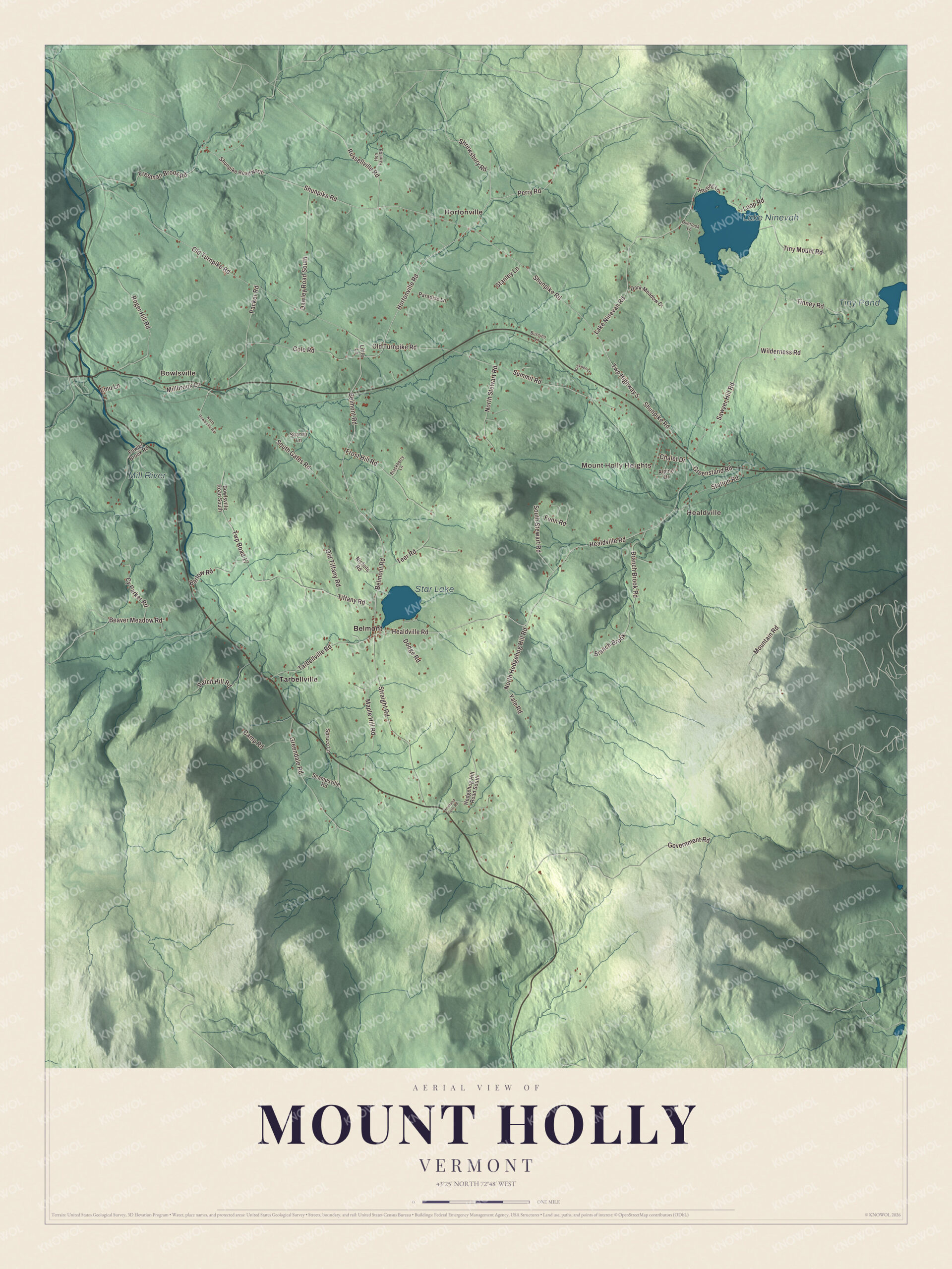 Map of Mount Holly, Vermont, from Belmont and Healdville to Lake Ninevah and the Mill River