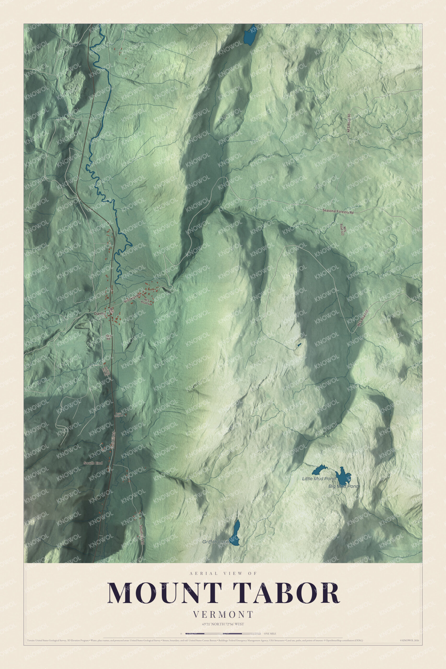 Map of Mount Tabor, Vermont, from Danby and Otter Creek east to Griffith Lake