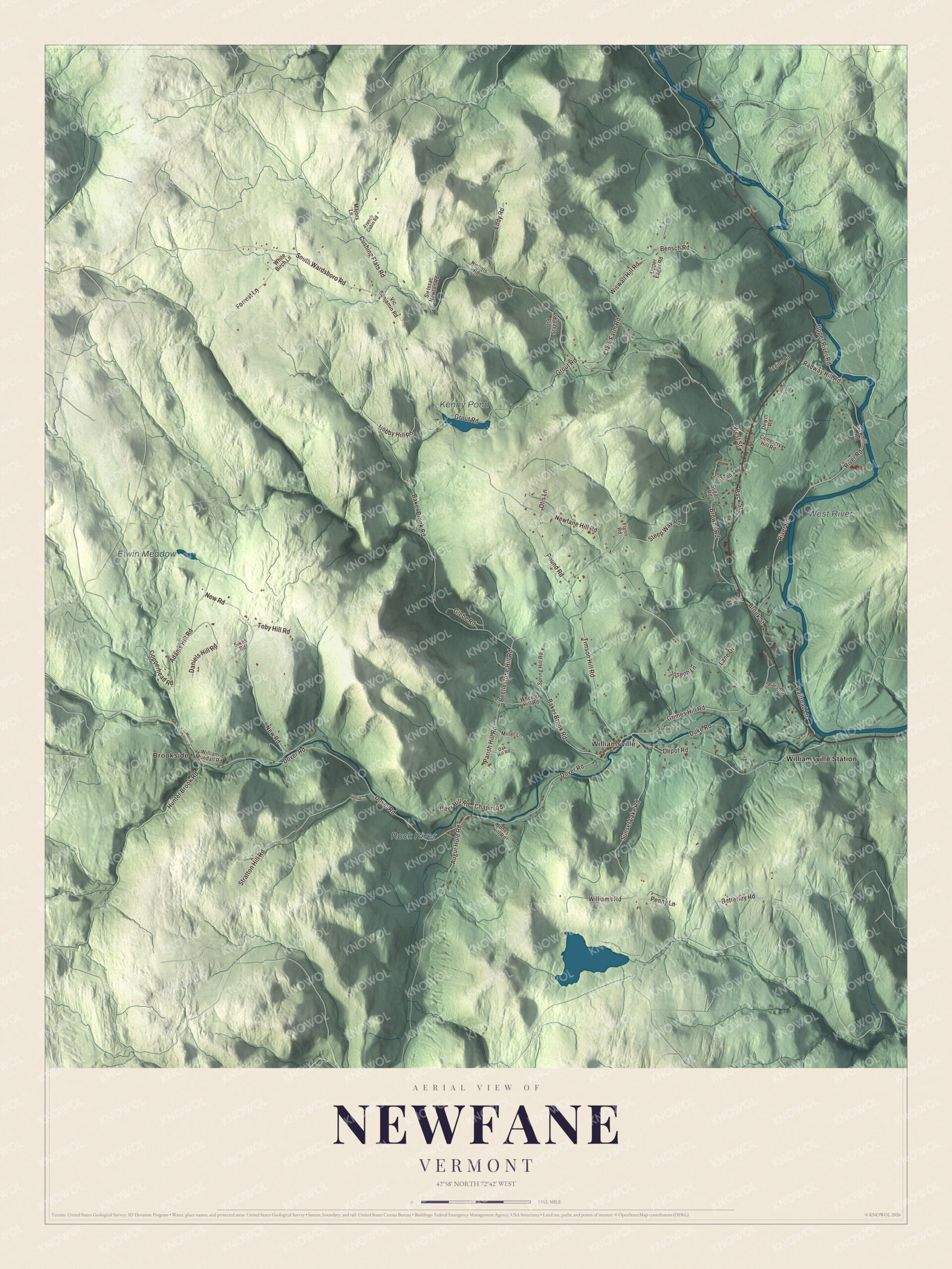 Map of Newfane, Vermont, with the West River, the Rock River and Williamsville