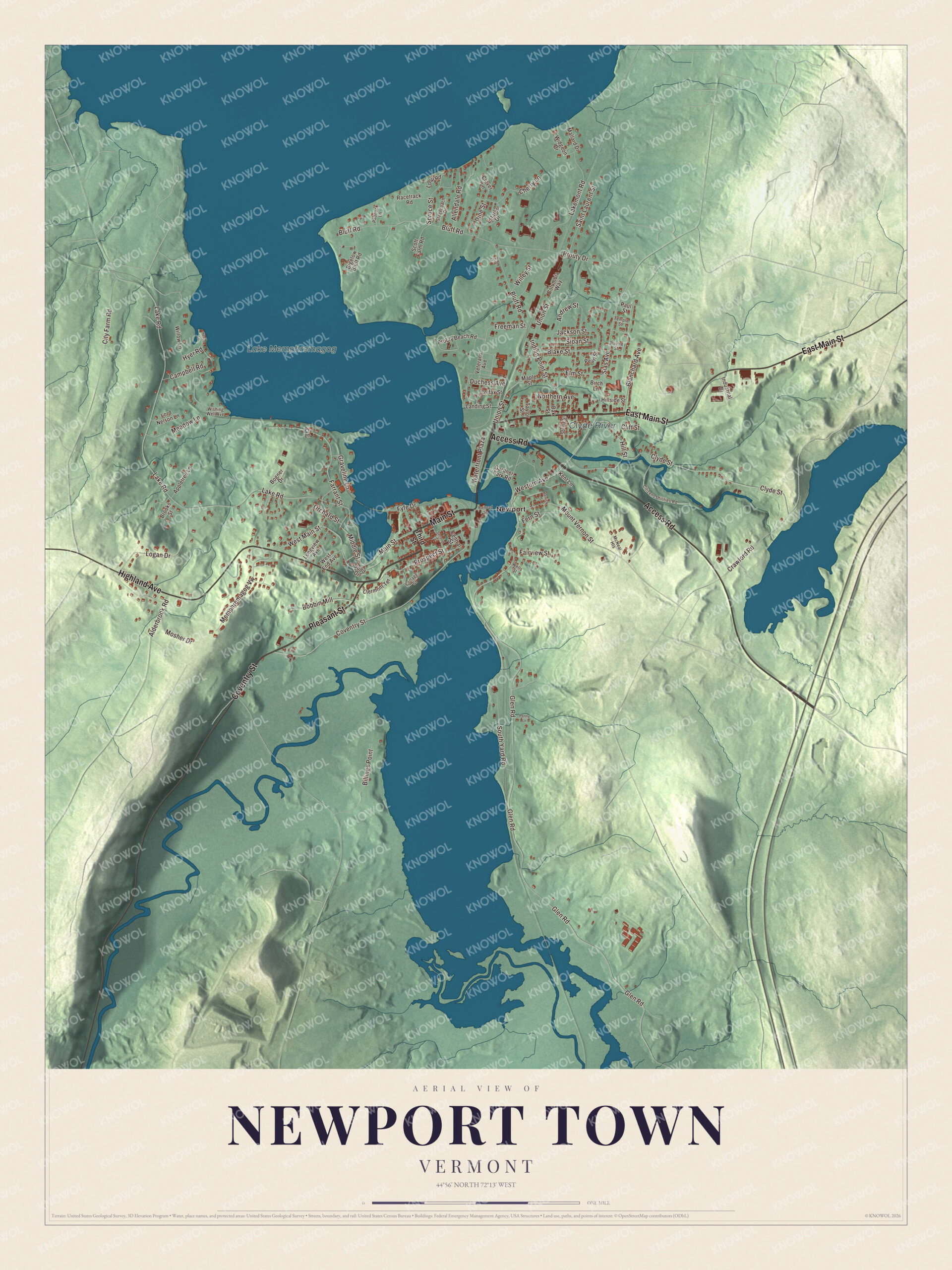 Map of Newport Town, Vermont, beside the city of Newport and Lake Memphremagog