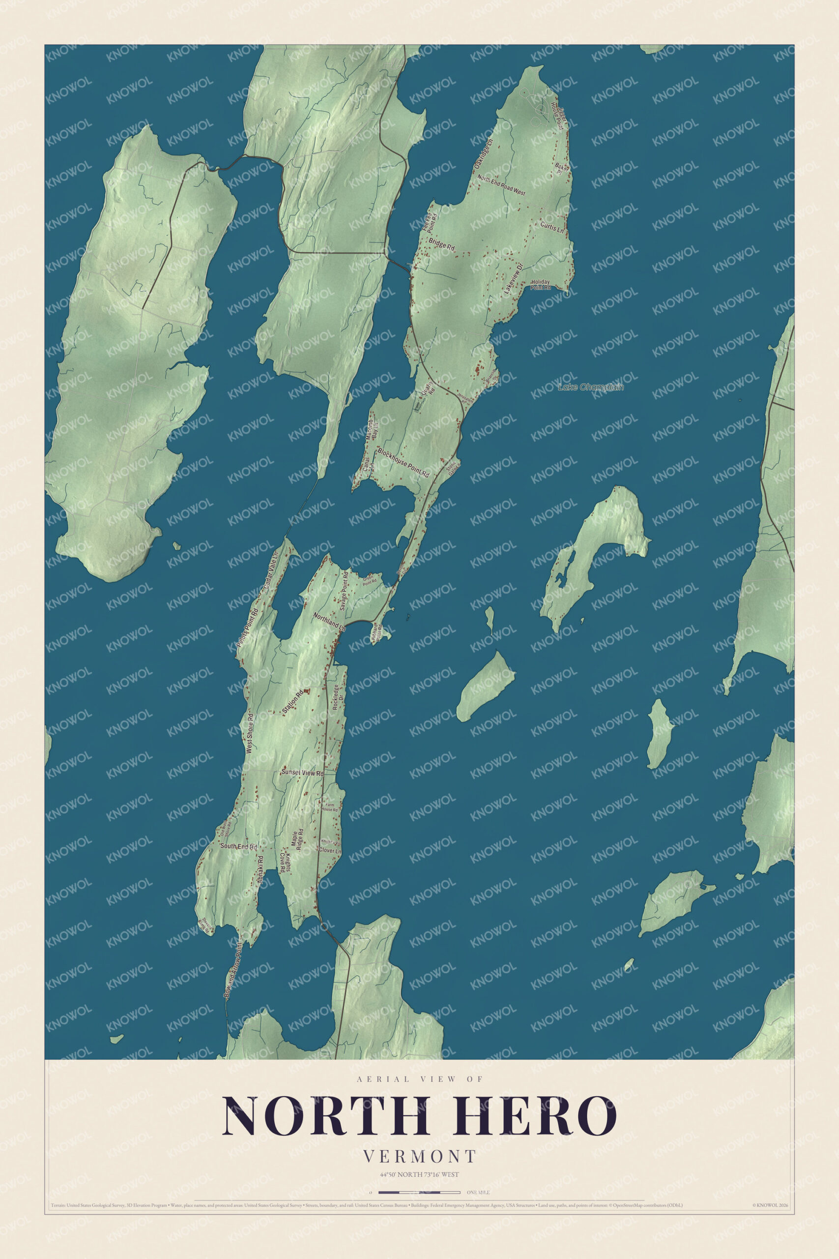 Map of North Hero, Vermont, on North Hero Island in Lake Champlain