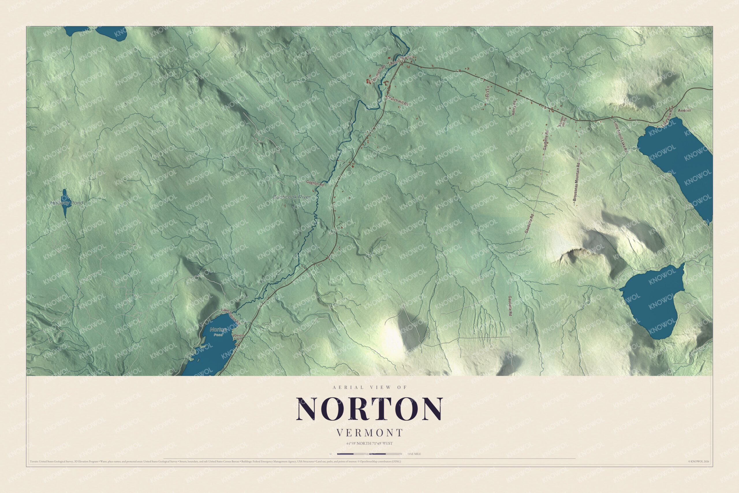 Map of Norton, Vermont, on the Quebec border along the Coaticook River