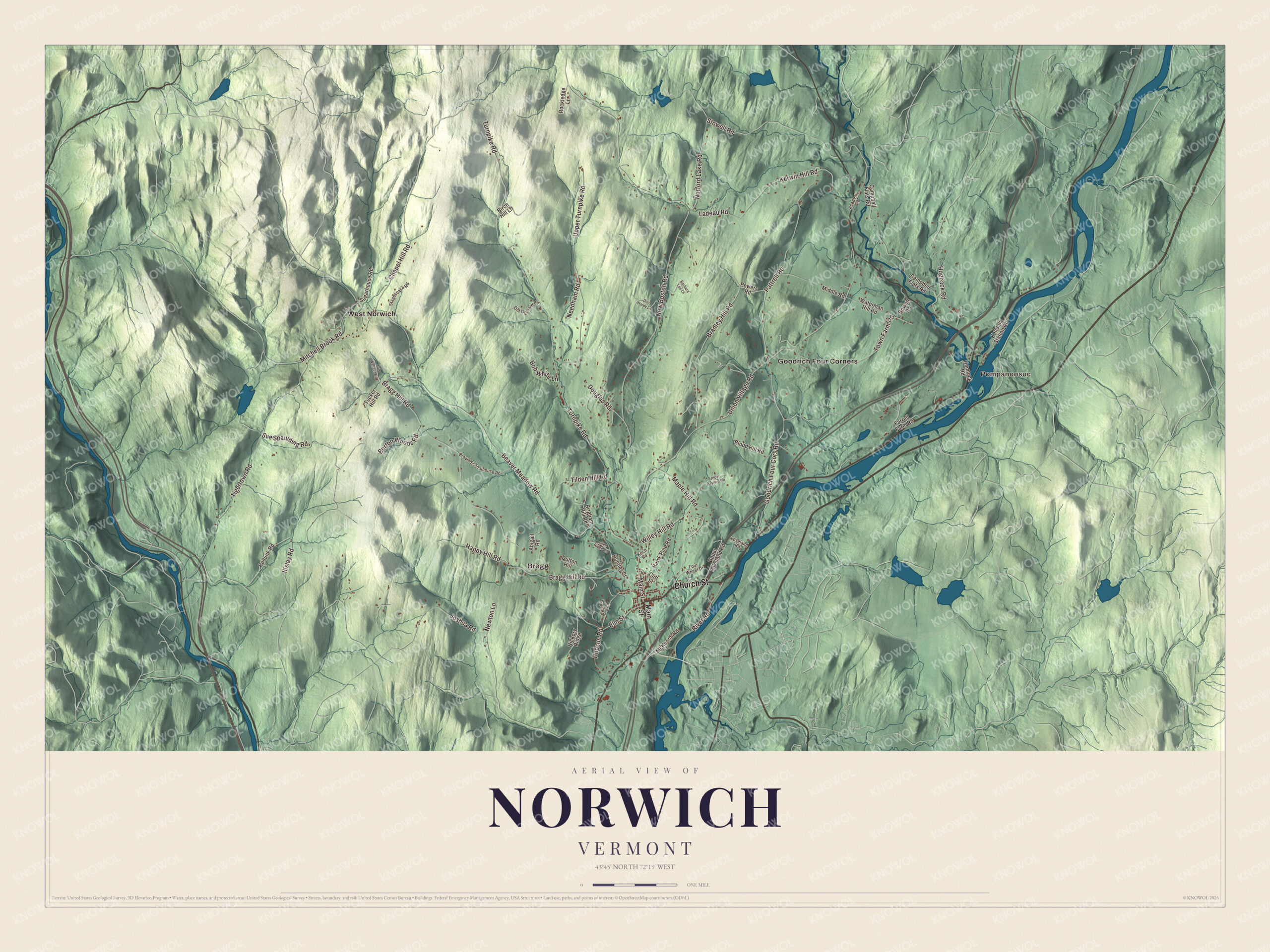 Map of Norwich, Vermont, on the Connecticut River across from Hanover