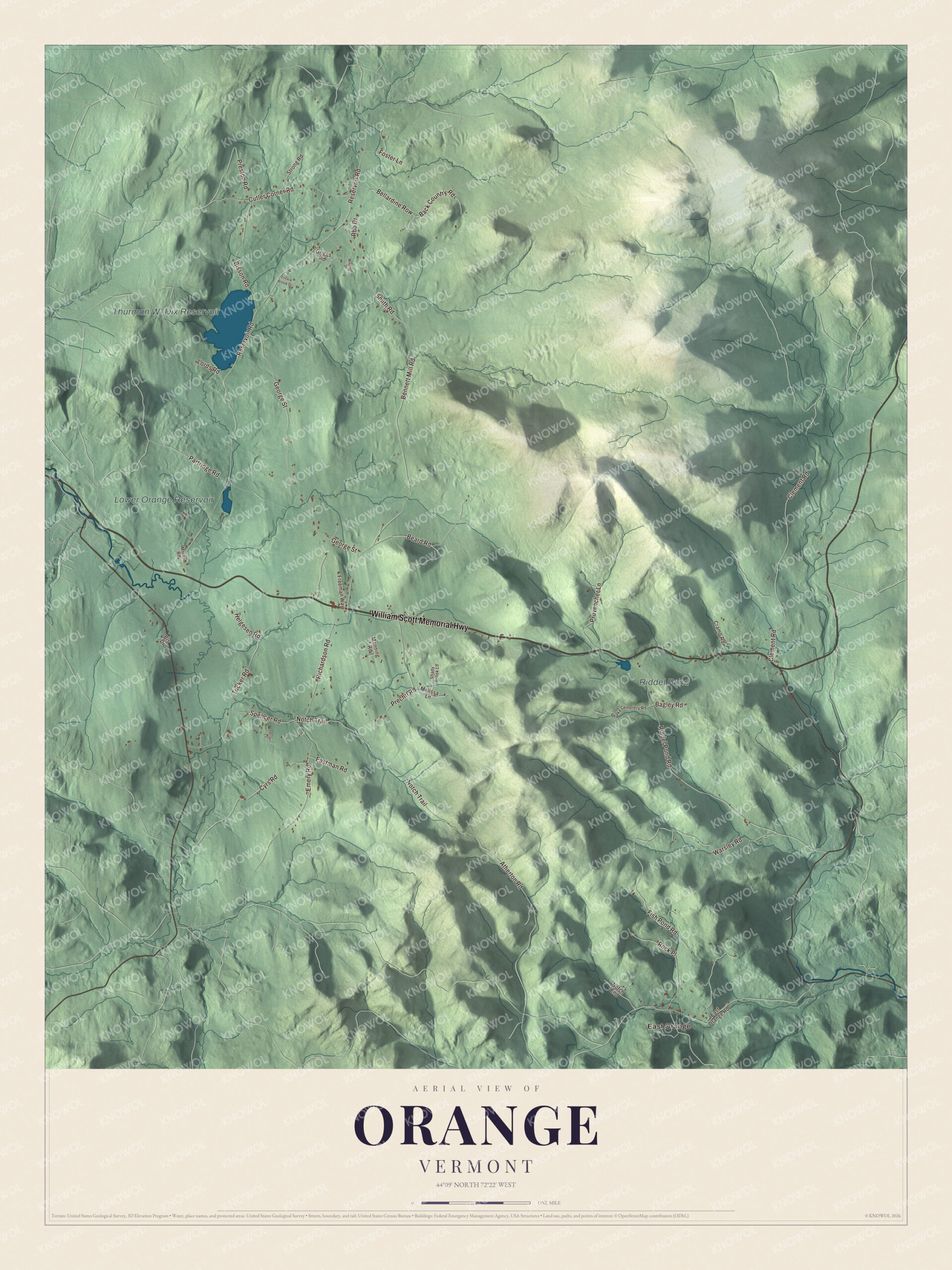 Map of Orange, Vermont, with East Orange, the Dix Reservoir and the William Scott Memorial Highway