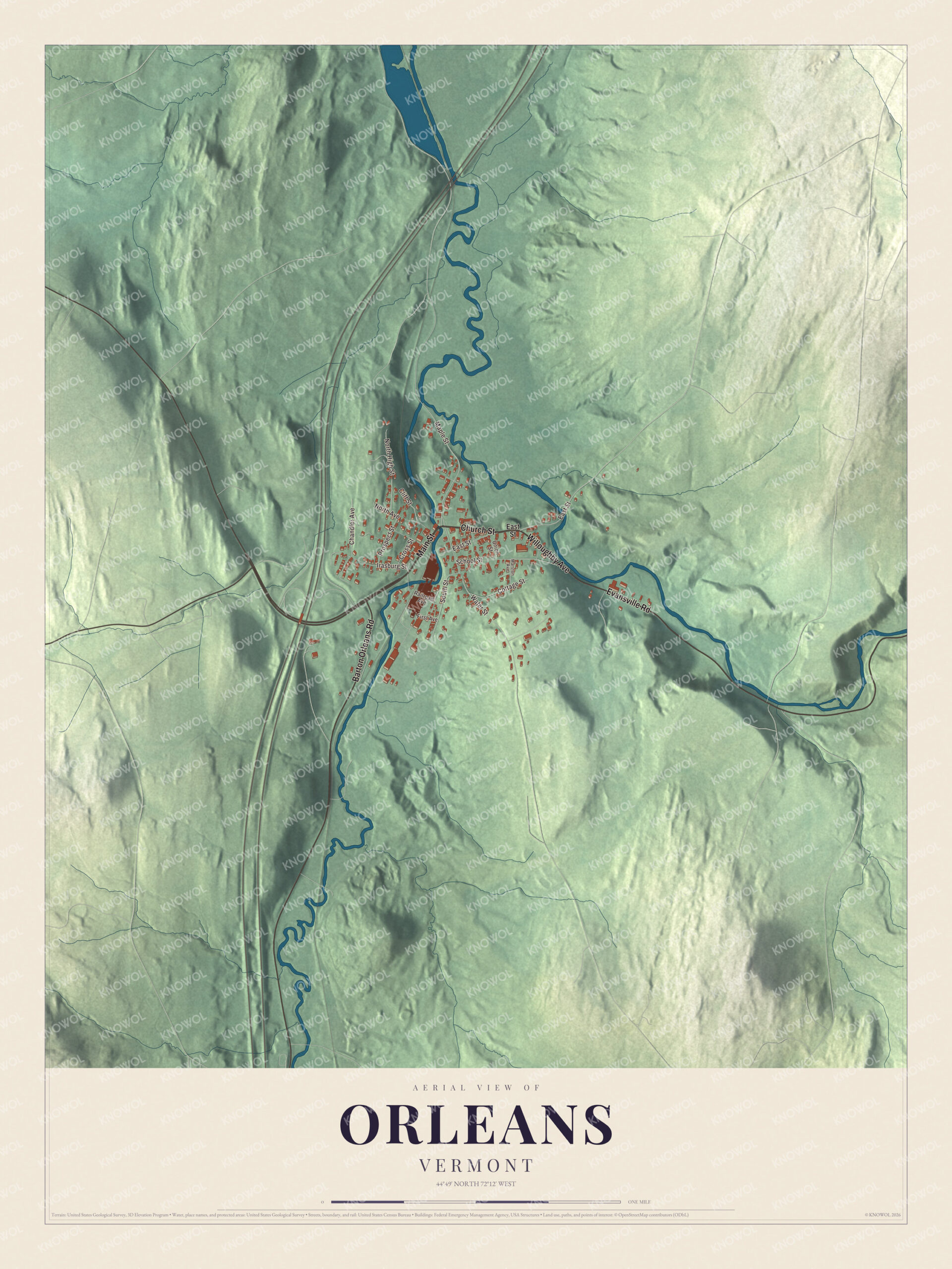 Map of Orleans, Vermont, where the Willoughby River meets the Barton River