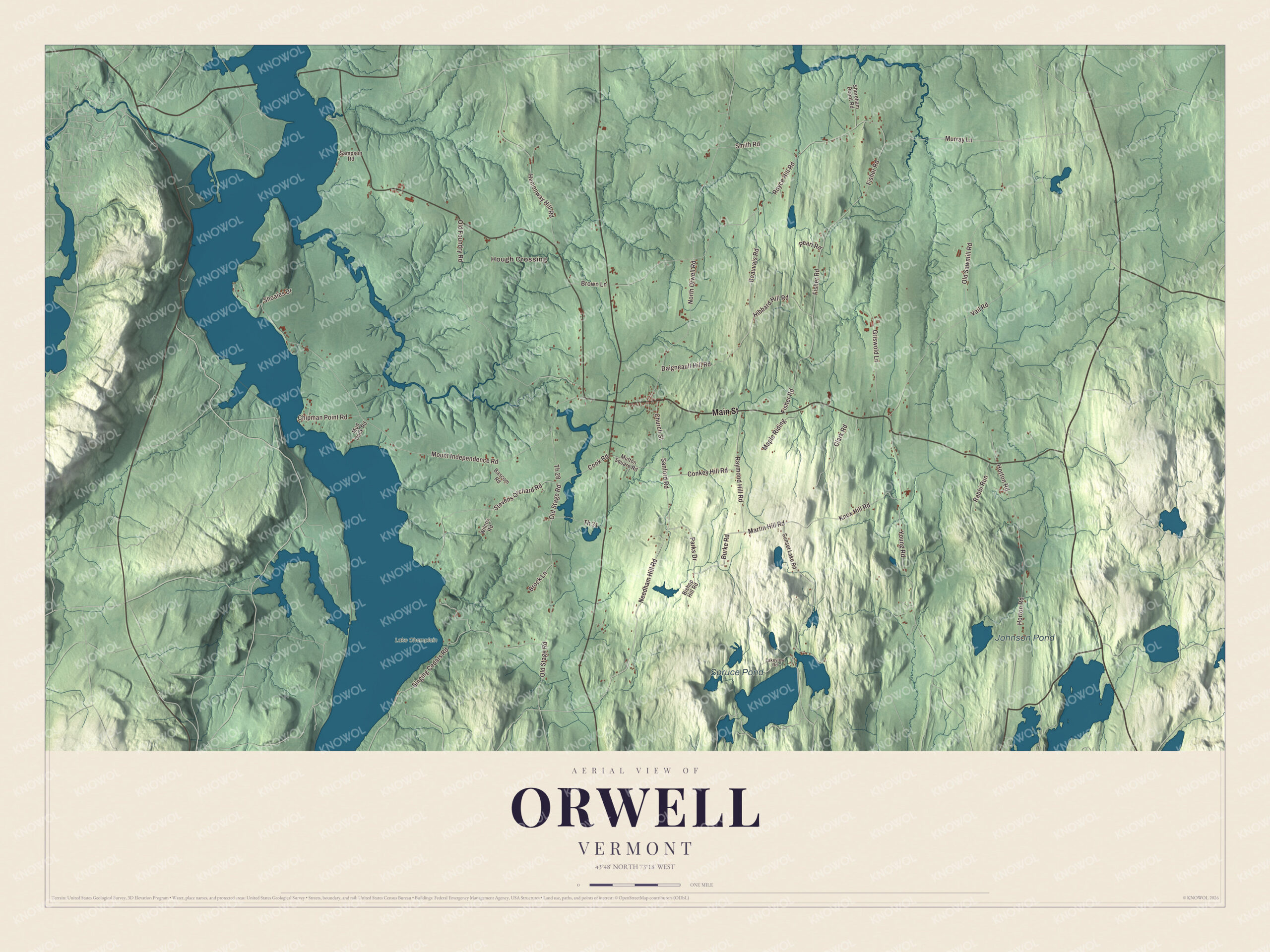 Map of Orwell, Vermont, on Lake Champlain across from Ticonderoga