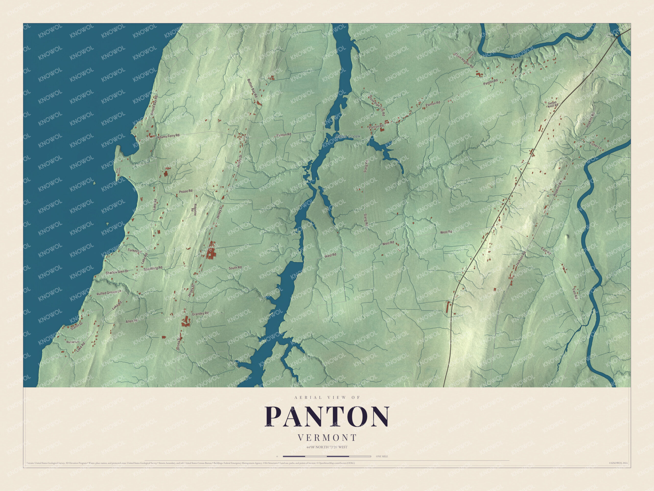Map of Panton, Vermont, between Lake Champlain and Otter Creek, with Dead Creek