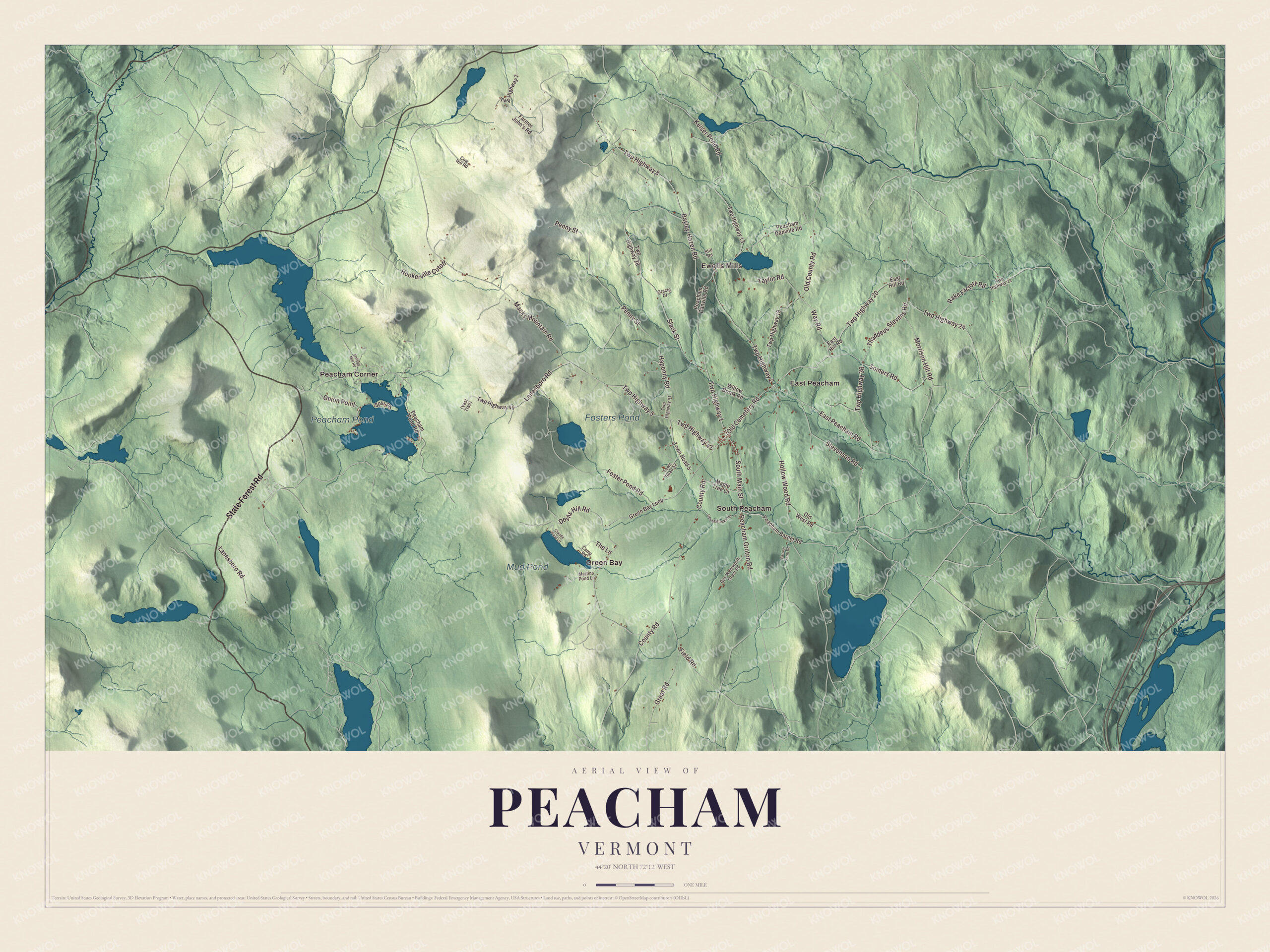 Map of Peacham, Vermont, from the village corner out to the ponds