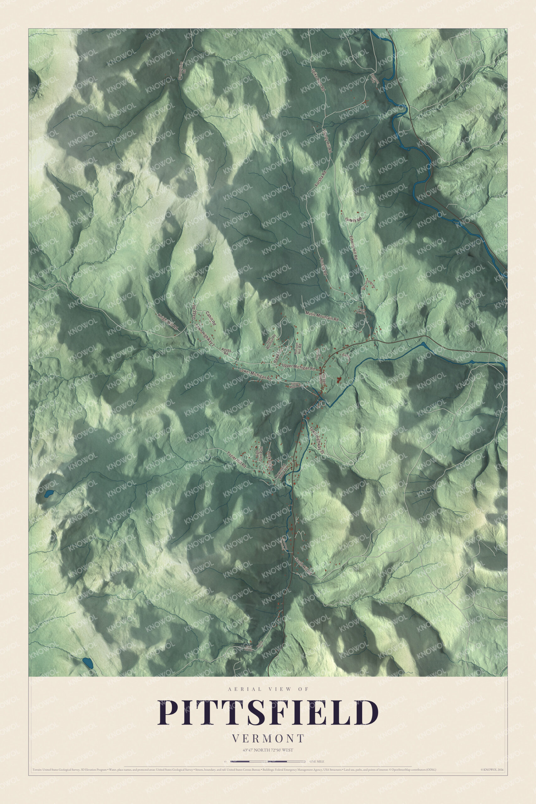 Map of Pittsfield, Vermont, in the Green Mountains along the Tweed River