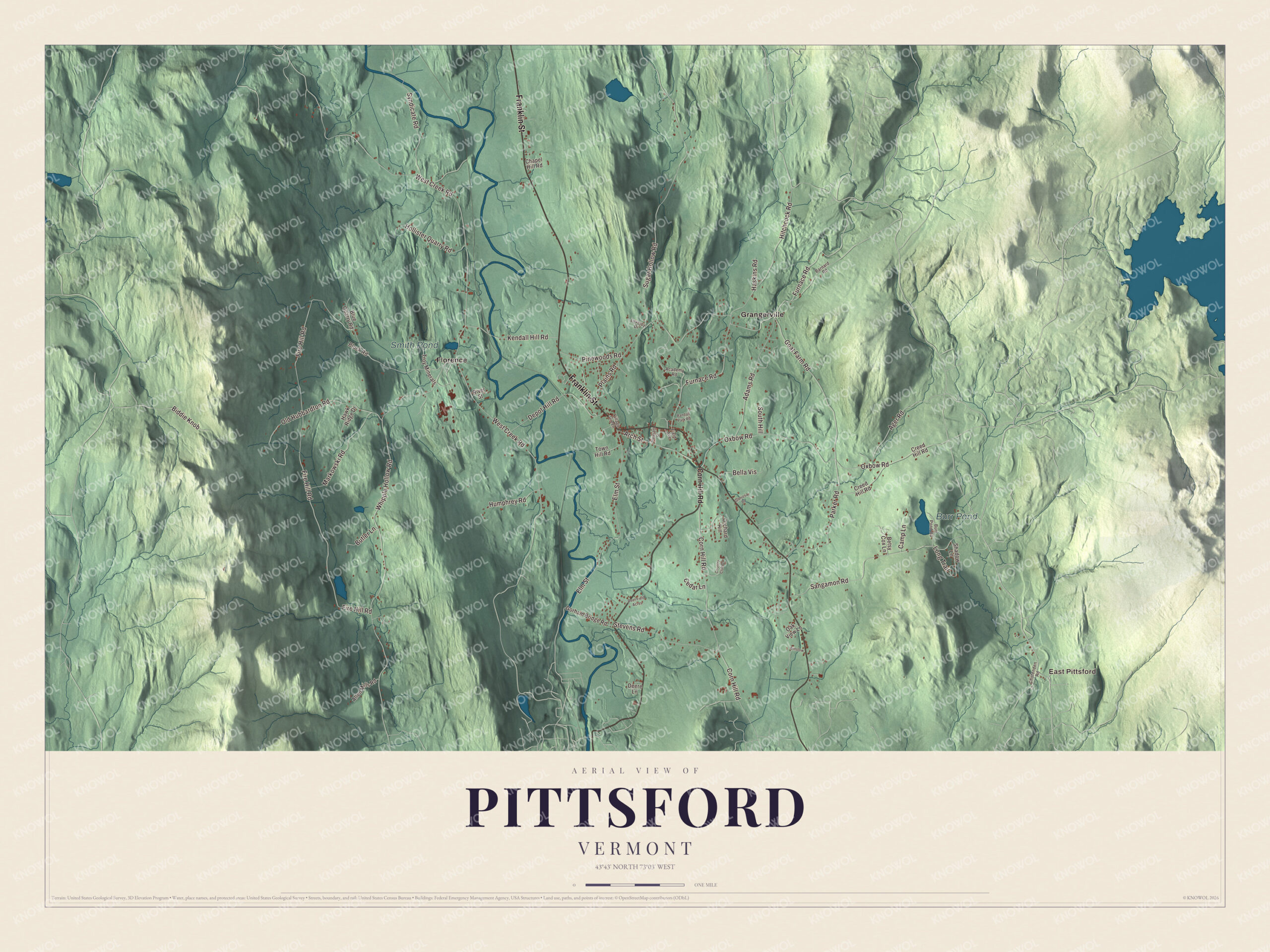 Map of Pittsford, Vermont, along Otter Creek and Furnace Brook