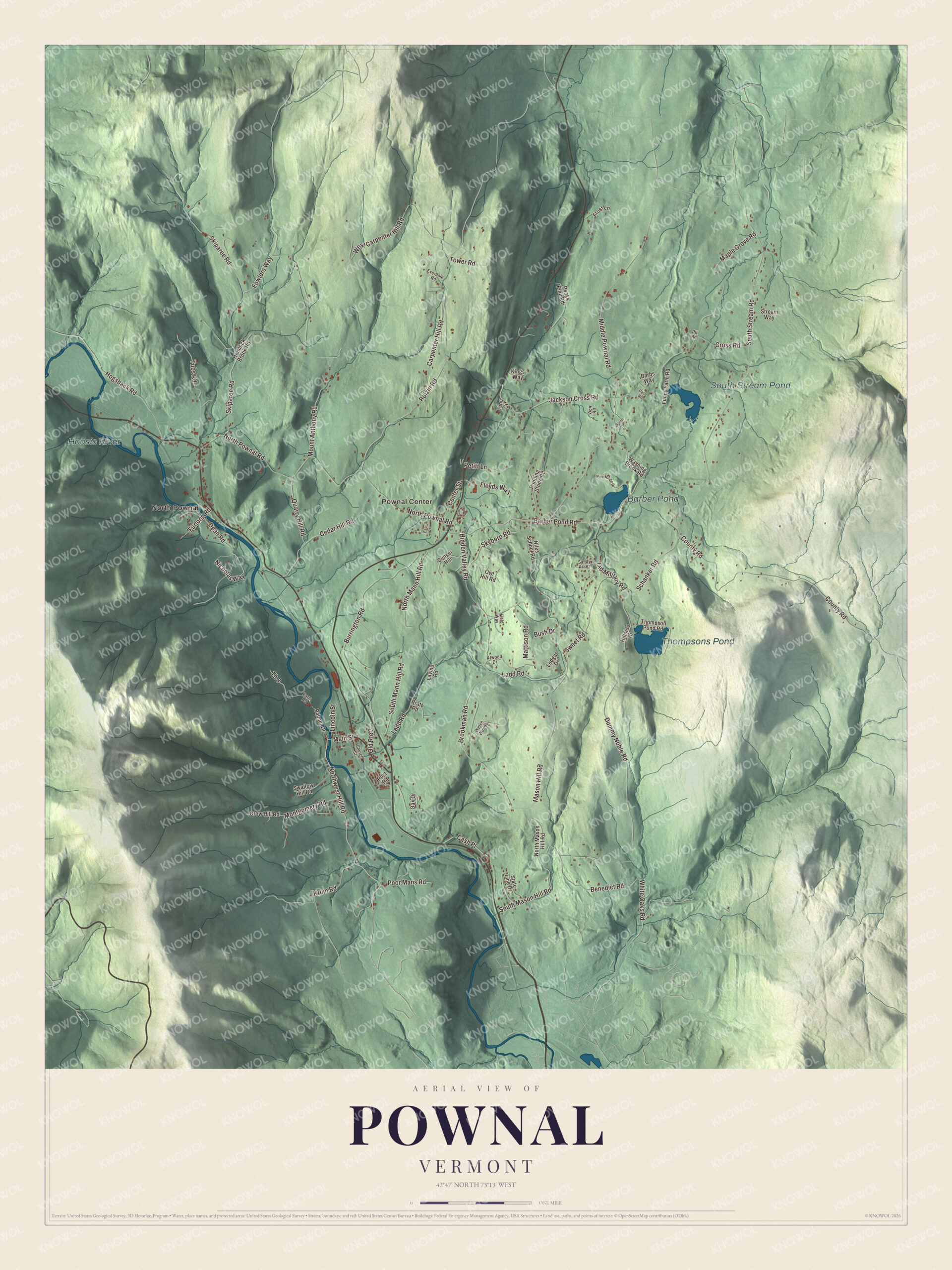 Map of Pownal, Vermont, in the southwest corner of the state