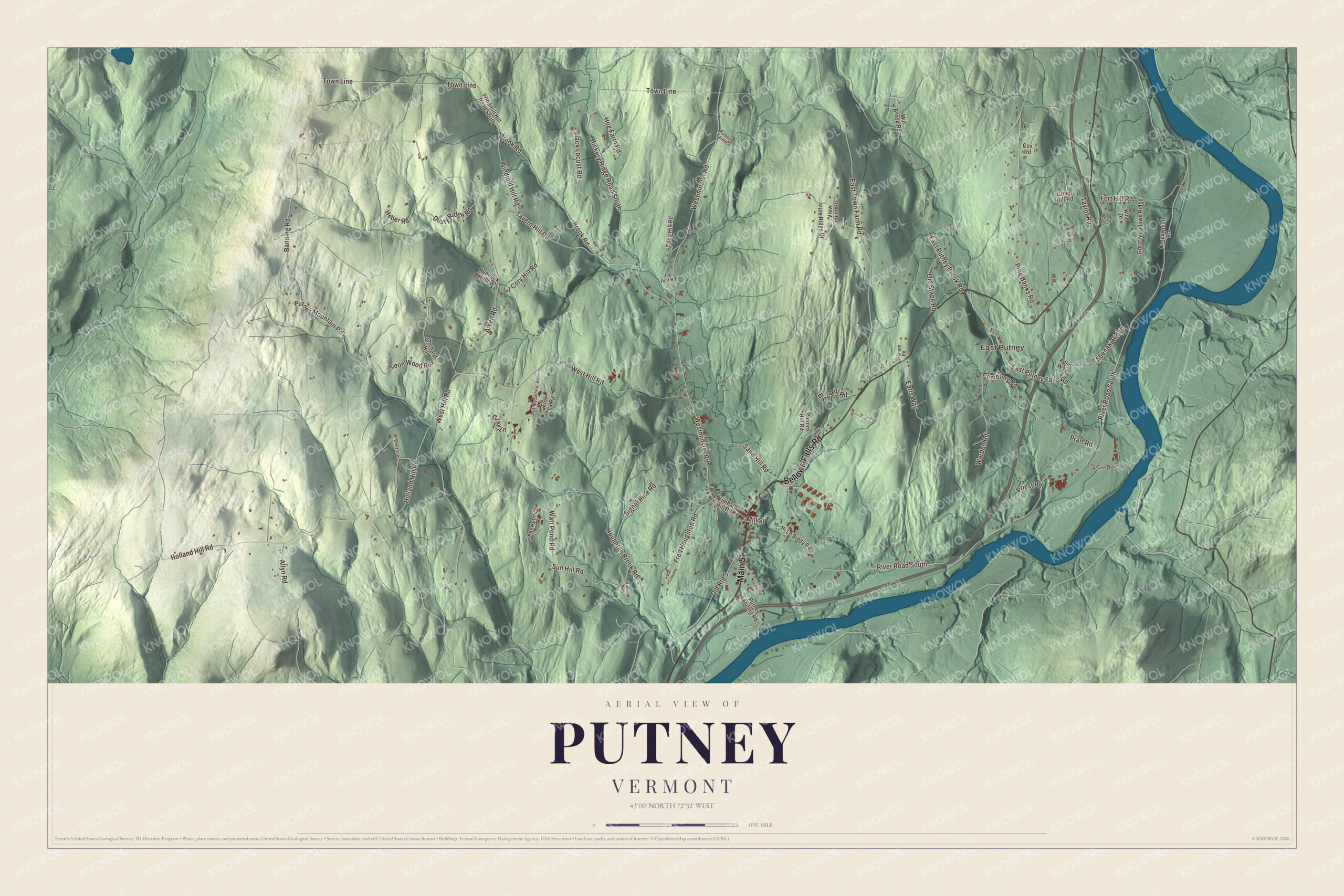 Map of Putney, Vermont, on Sacketts Brook and the Connecticut River