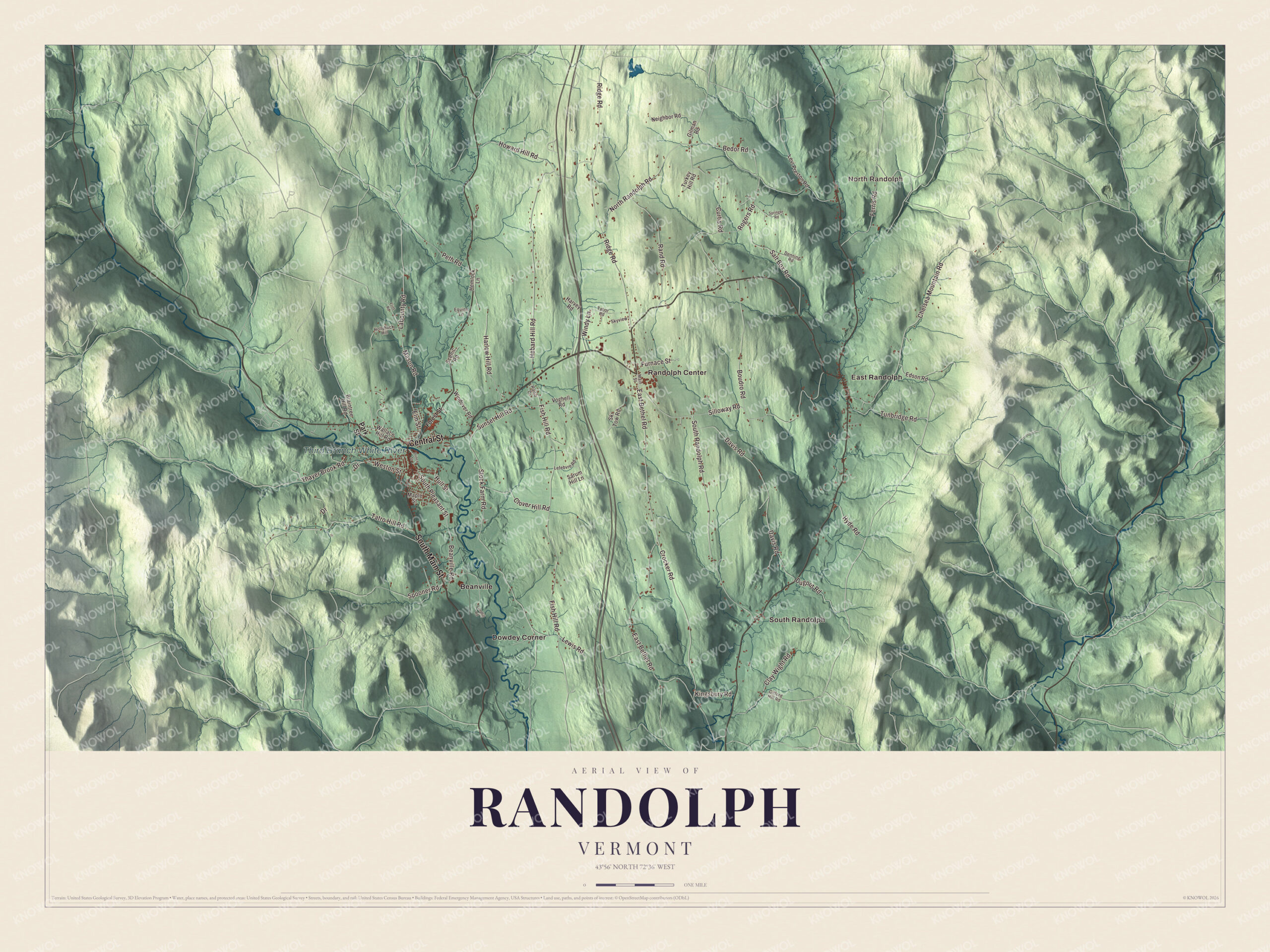Map of Randolph, Vermont, on the branches of the White River