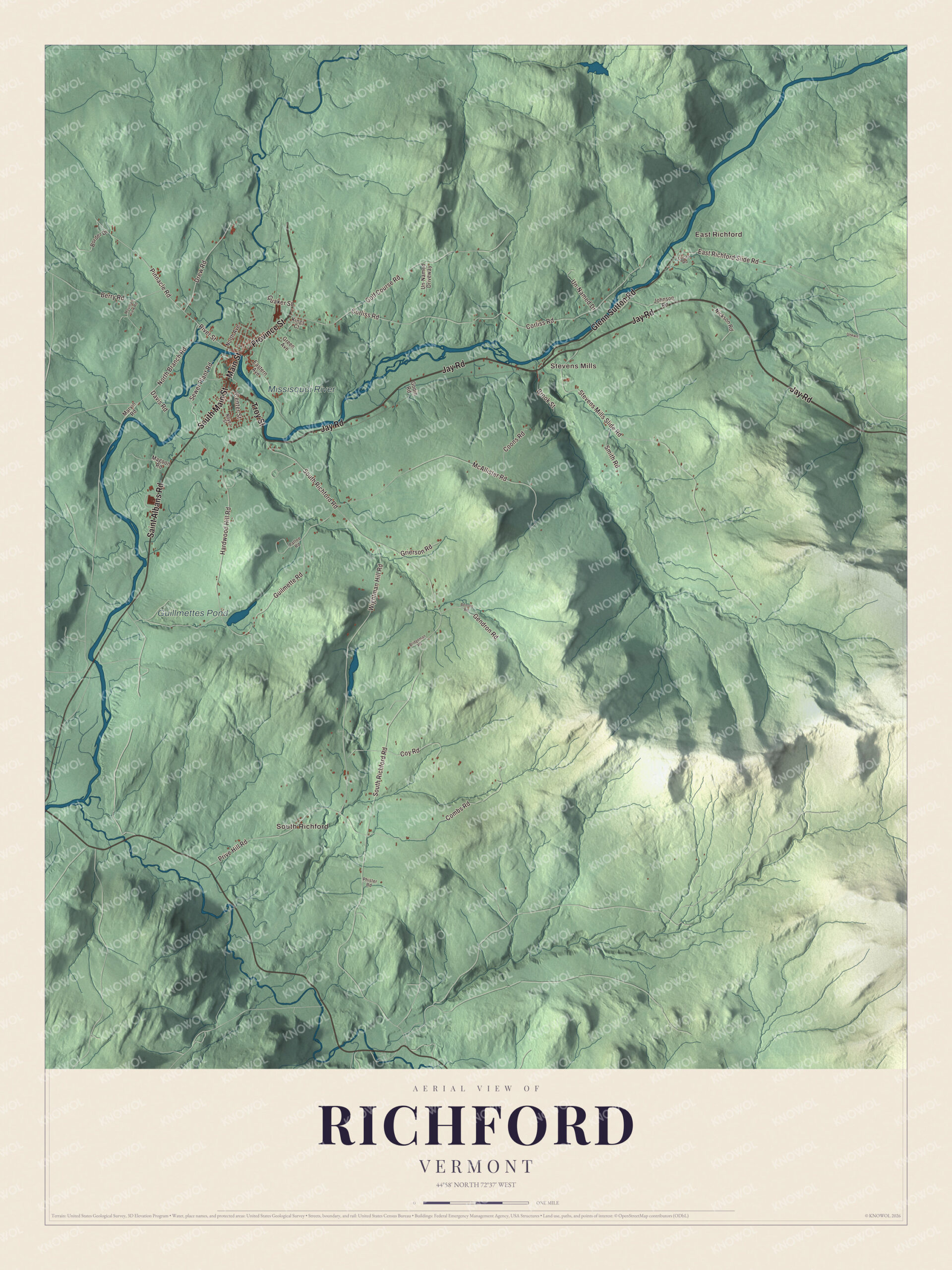 Map of Richford, Vermont, on the Missisquoi River at the Quebec border
