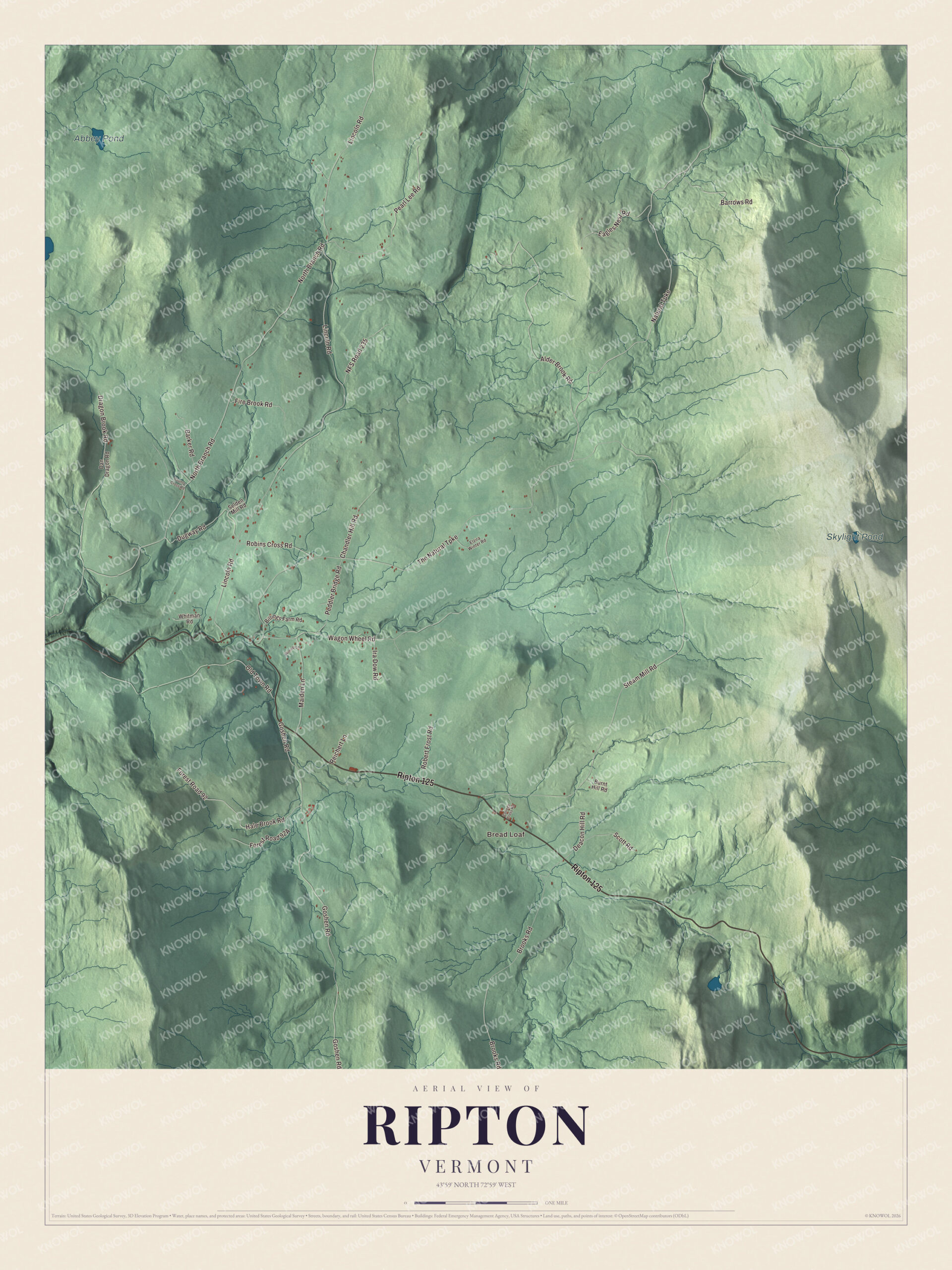 Map of Ripton, Vermont, in the Green Mountains east of Middlebury